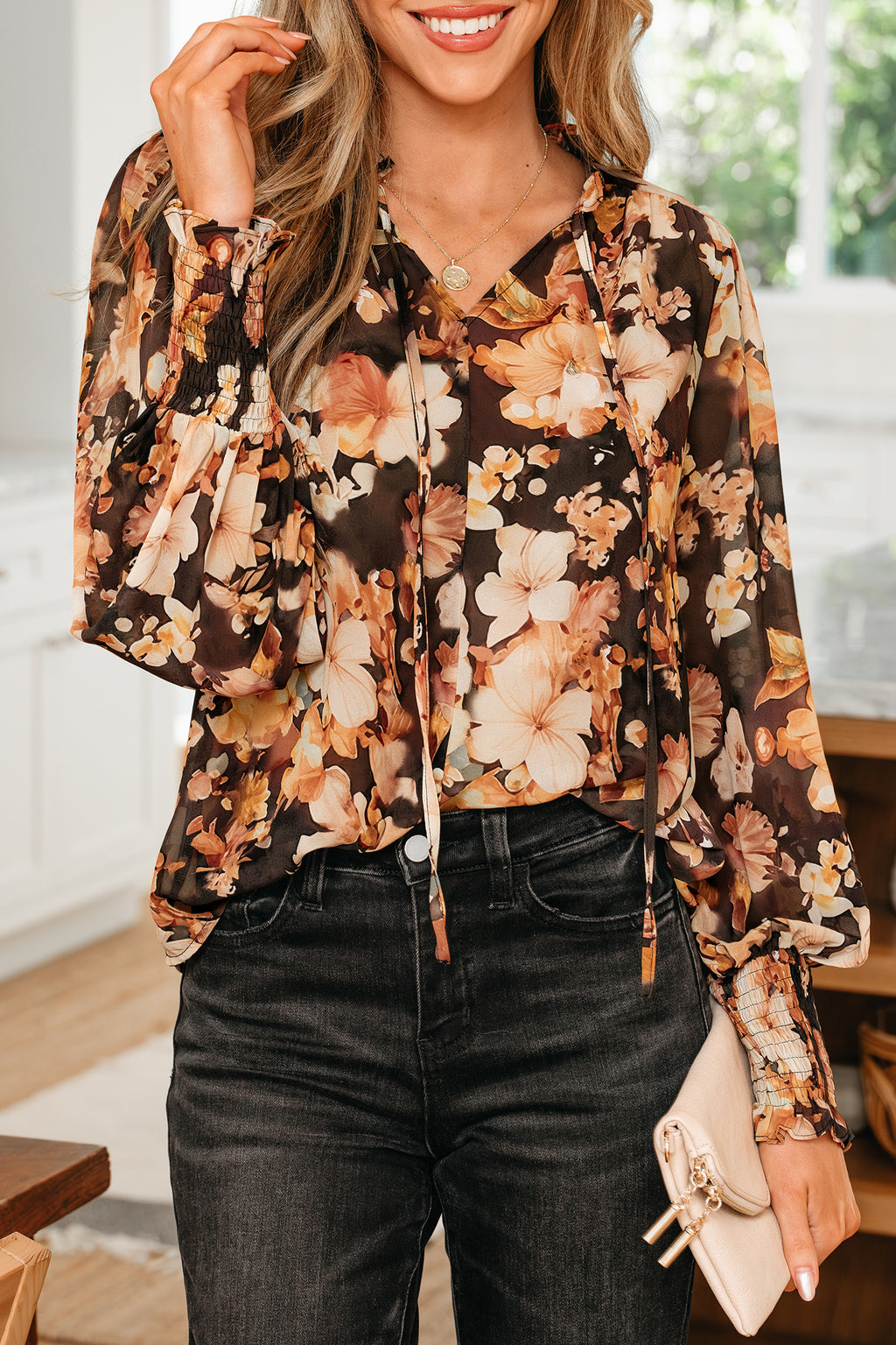Black Floral V Neck Long Puff Sleeve Breezy Blouse