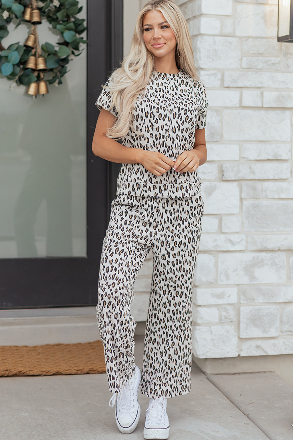 Beige Leopard Print Casual Tee and Pants 2pcs Outfit