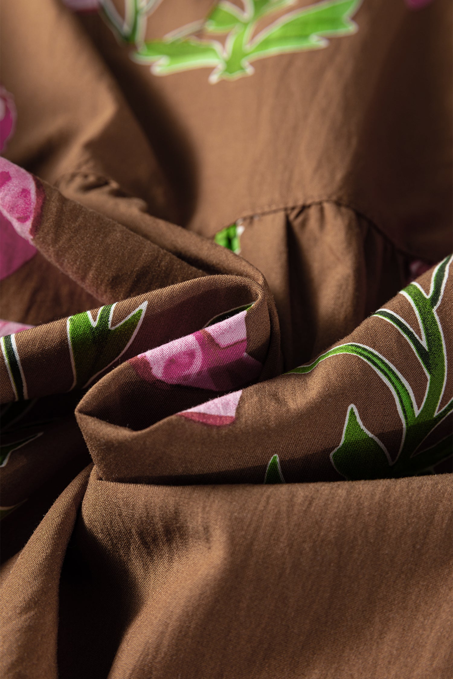 Brown Contrast Floral Print Babydoll Tunic Ruffled Hem Puff Sleeve Dress