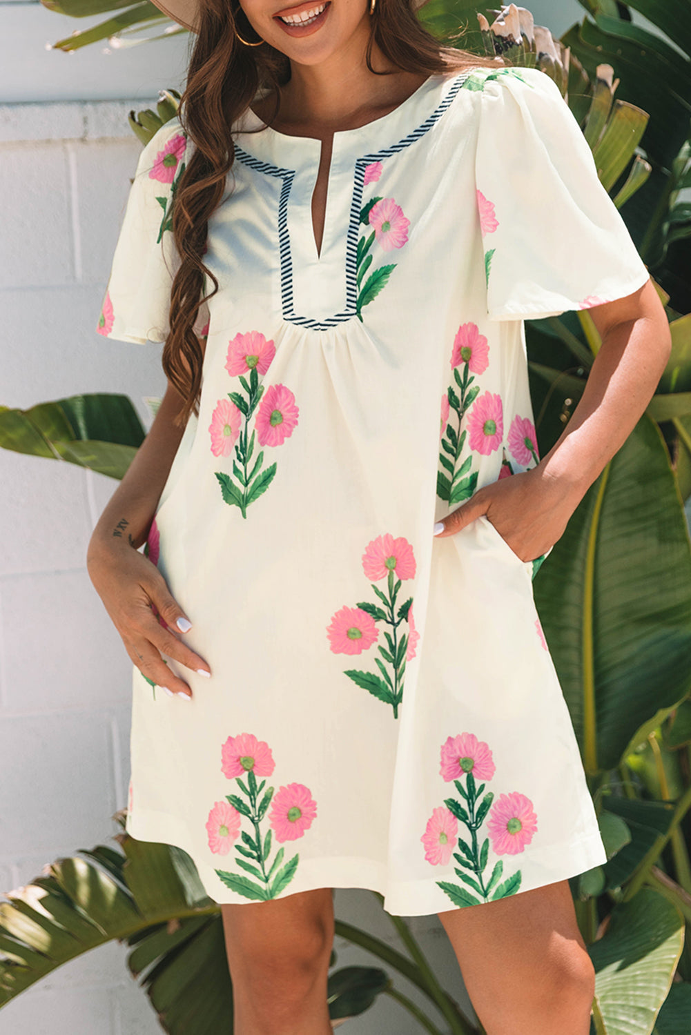 Apricot Floral Short Sleeve Split Neck Loose Mini Dress