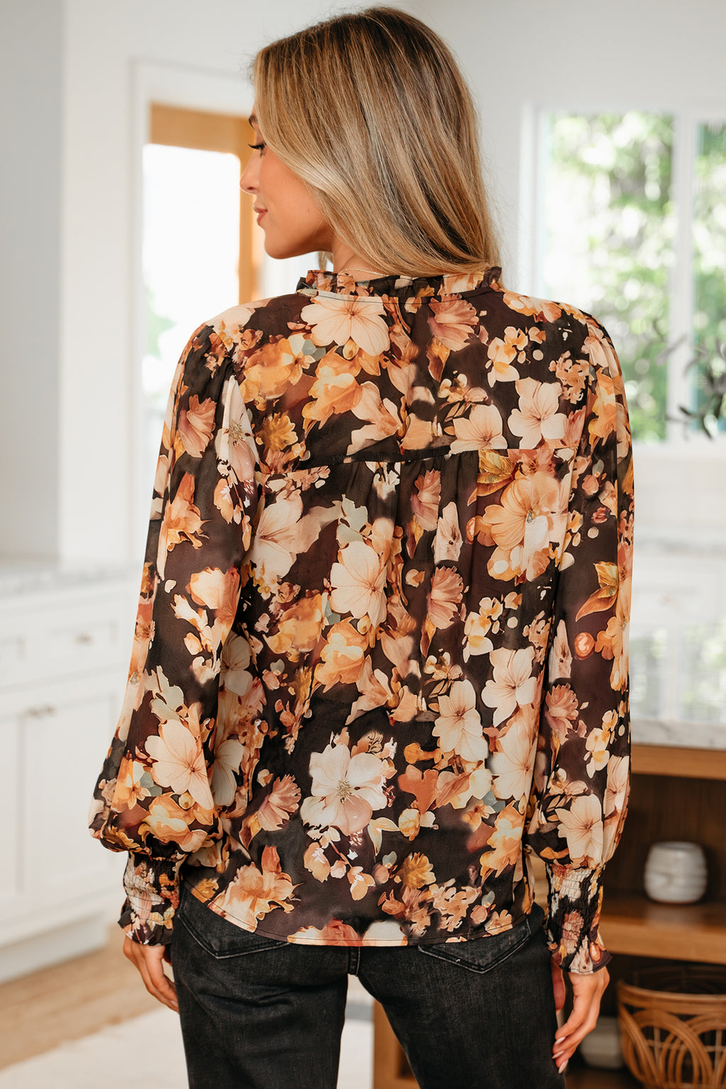 Black Floral V Neck Long Puff Sleeve Breezy Blouse