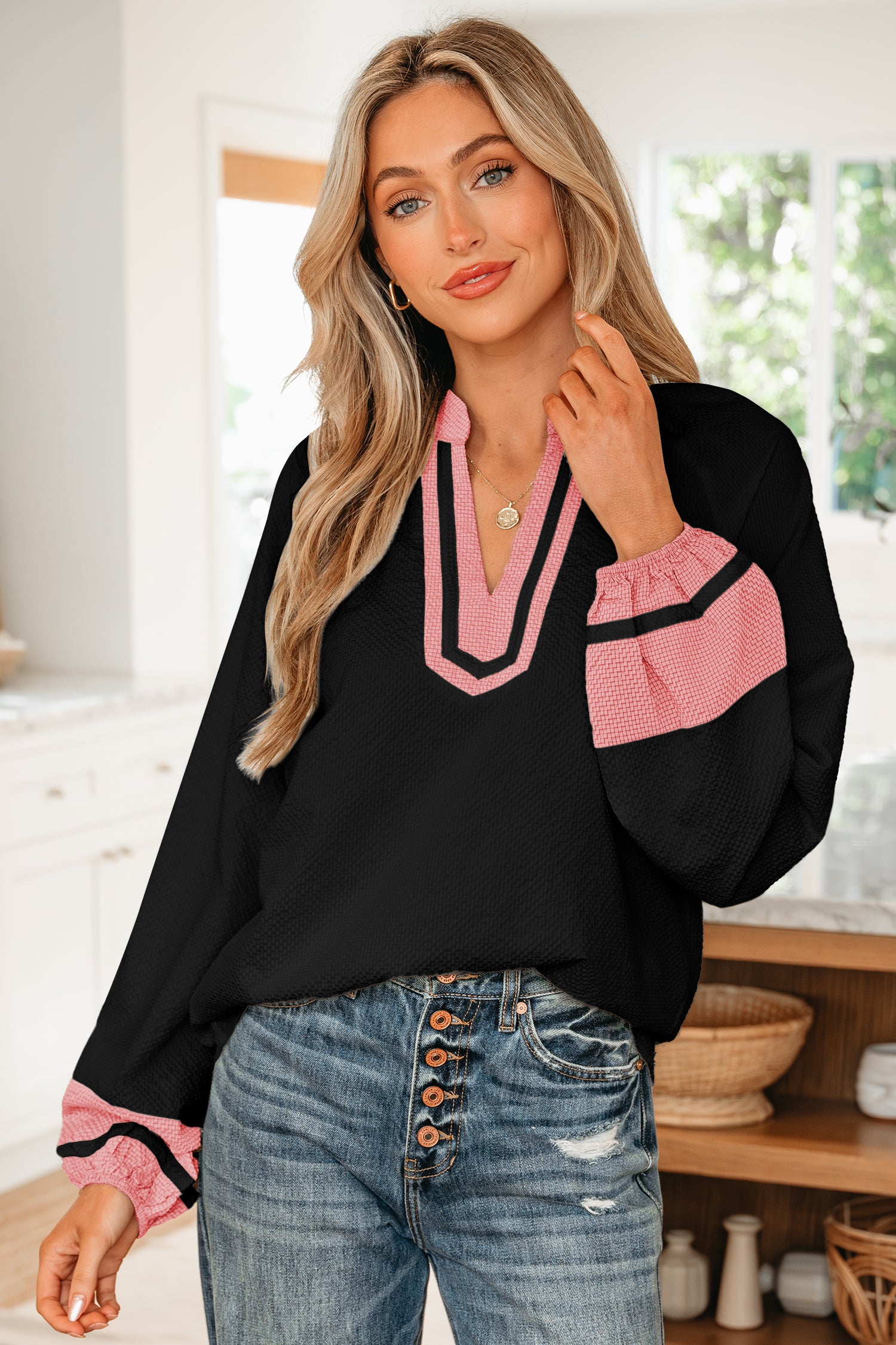 Black Color Block Patchwork Detail V Neck Textured Long Sleeve Blouse