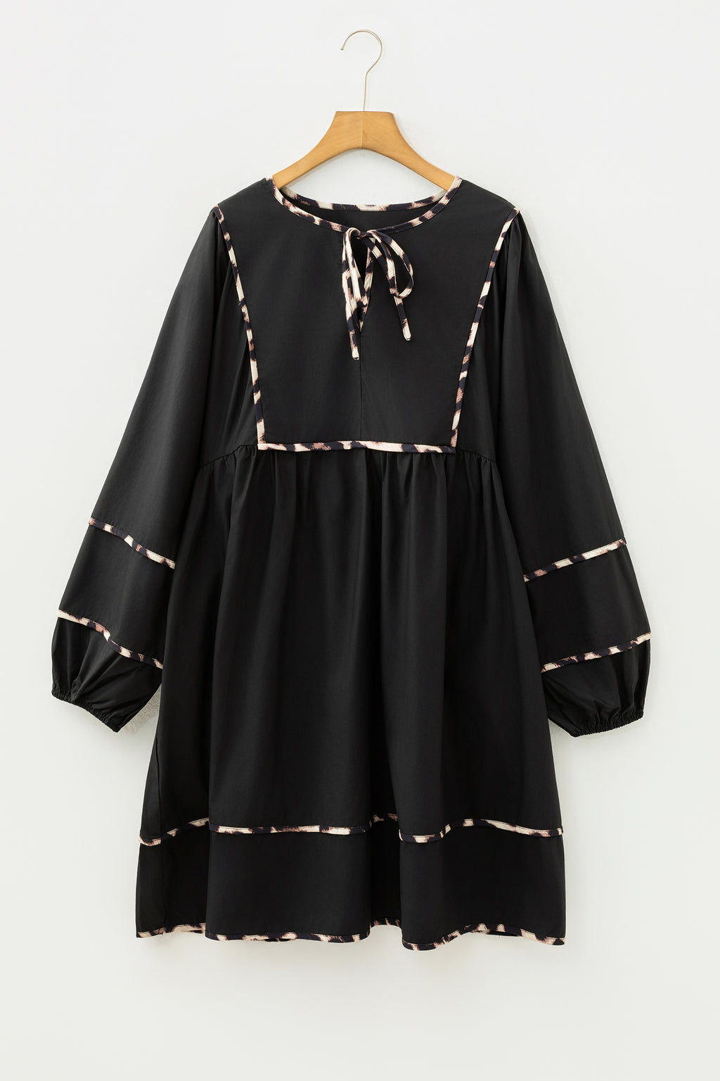 Black Plus Size Long Sleeve Leopard Contrasted Trim Tie Neck Flared Mini Dress