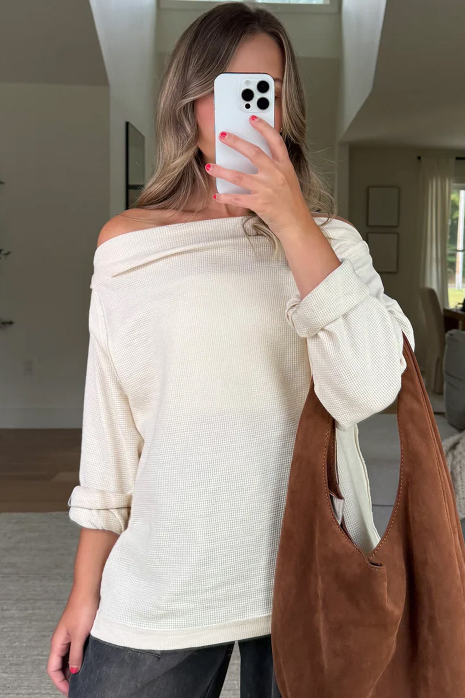 Beige Solid Color Waffle Knit Asymmetric Neck Long Sleeve Top
