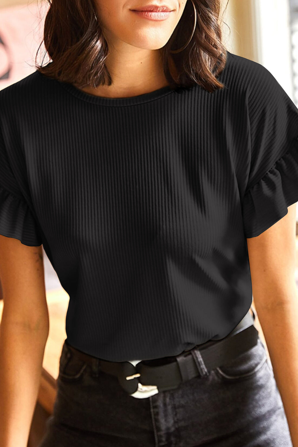 Black Solid Color Ribbed Ruffled Short Sleeve T Shirt