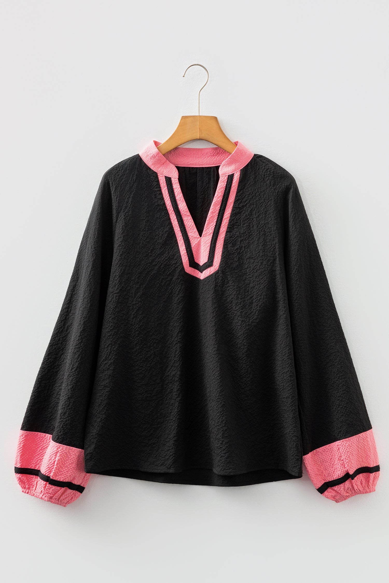 Black Color Block Patchwork Detail V Neck Textured Long Sleeve Blouse