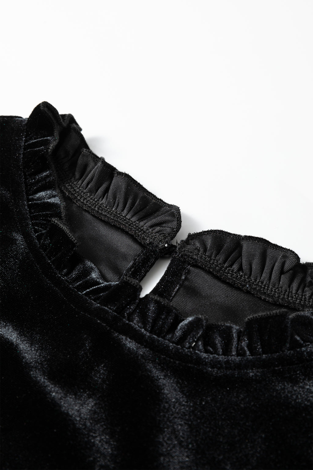 Black Frilled Collared Smocked Cuffs Puff Sleeve Velvet Blouse