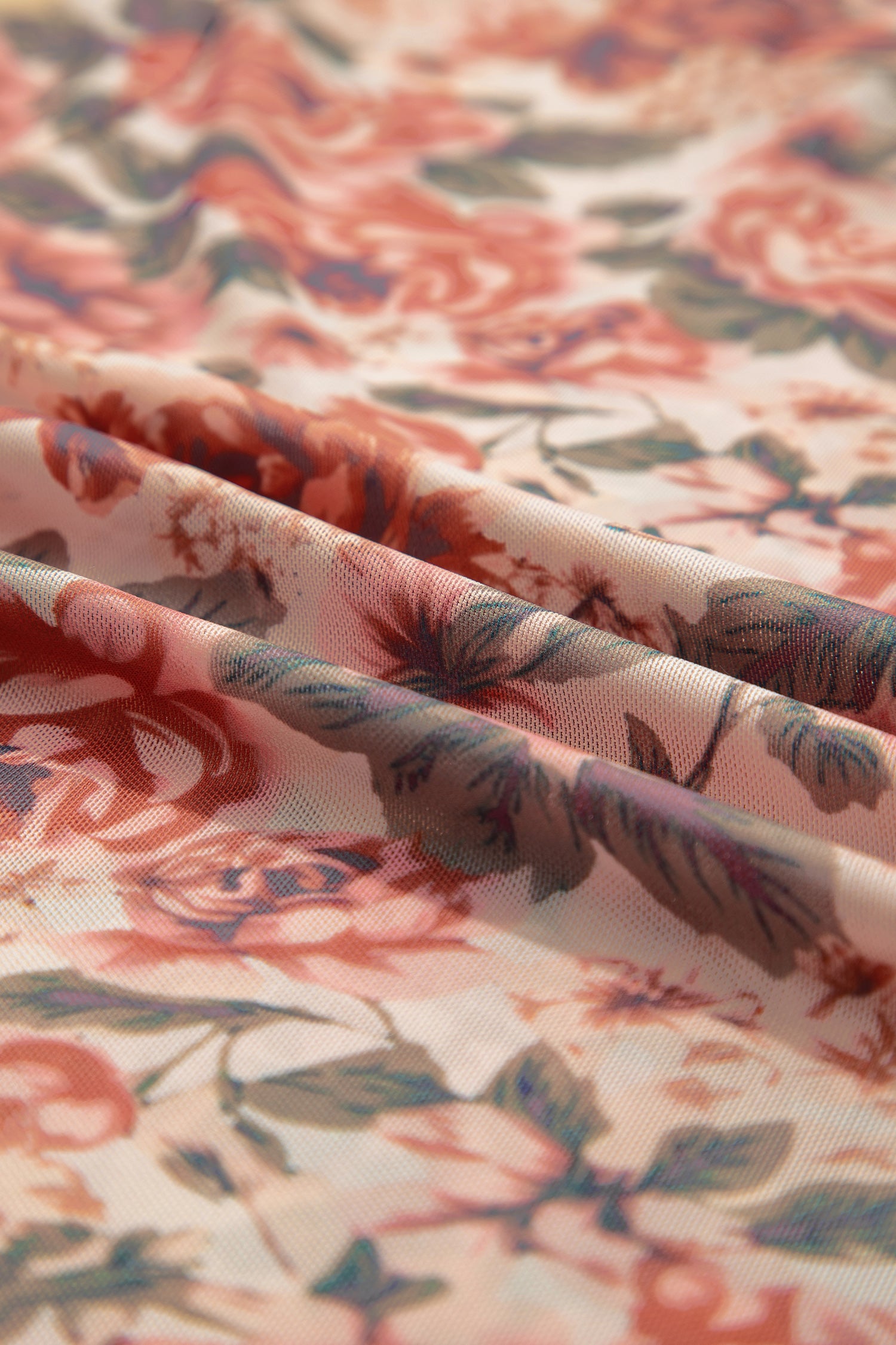 Black Retro Floral Print Mock Neck Mesh Long Sleeve Top