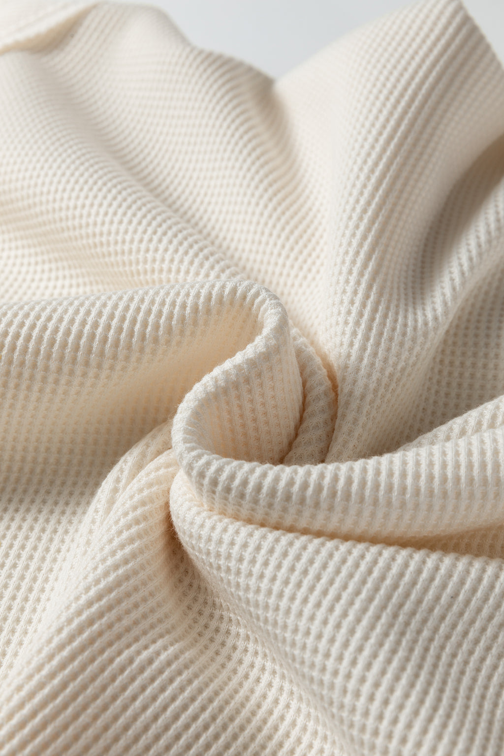 Beige Solid Color Waffle Knit Asymmetric Neck Long Sleeve Top