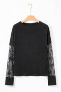 Black Solid Color Bow Textured Patchwork Long Sleeve Tee