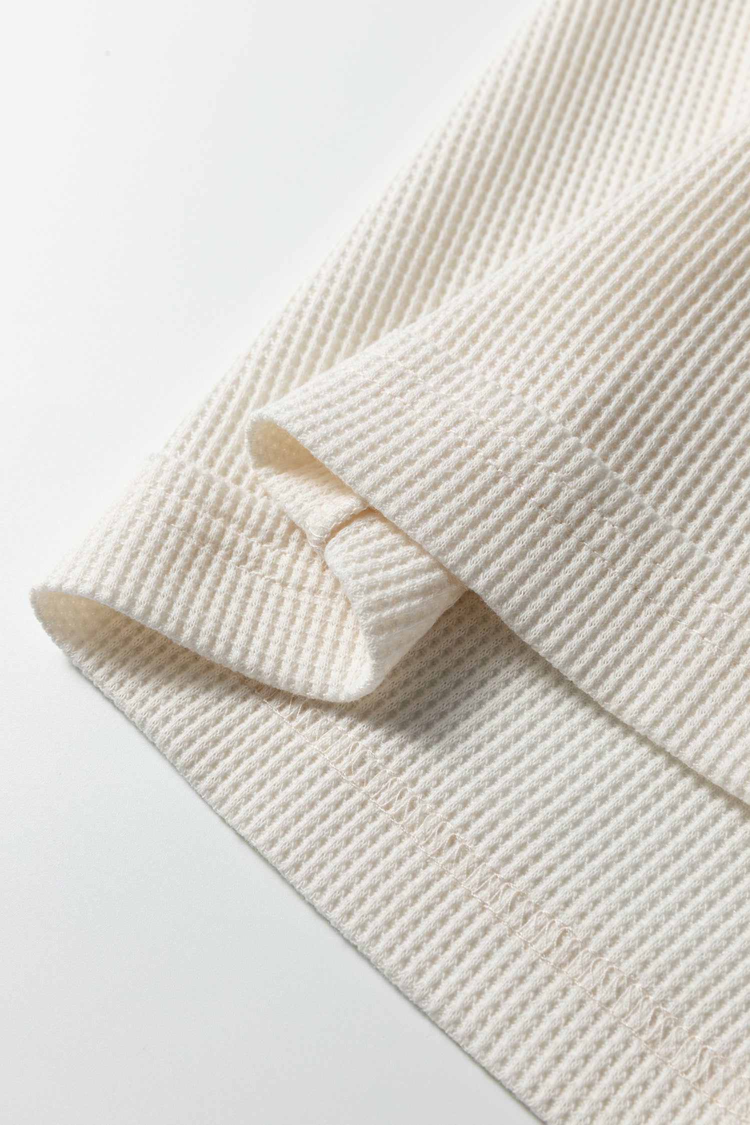 Beige Solid Color Waffle Knit Asymmetric Neck Long Sleeve Top