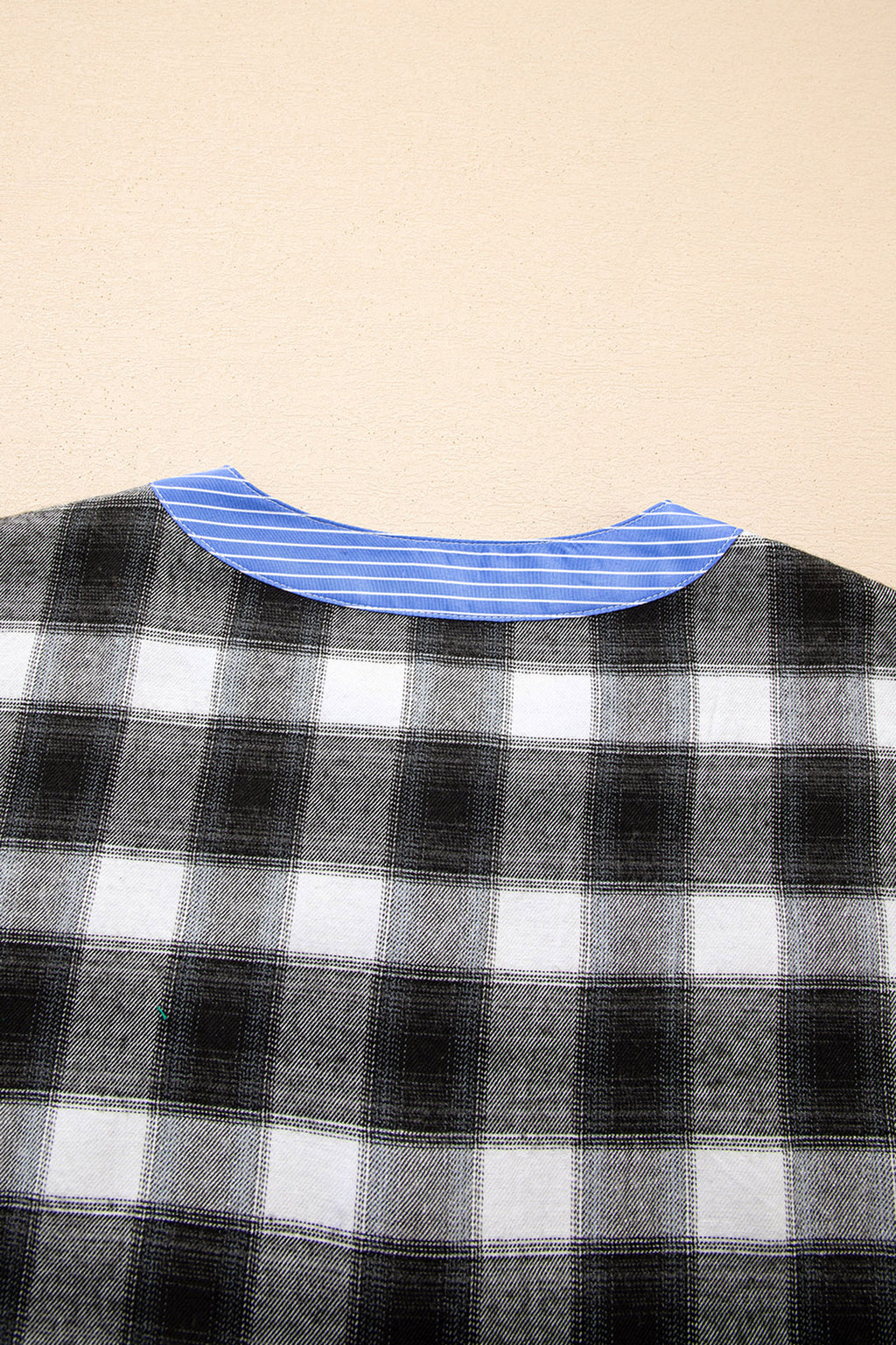 Black Contrast Striped Edge Half Placket Plaid Blouse