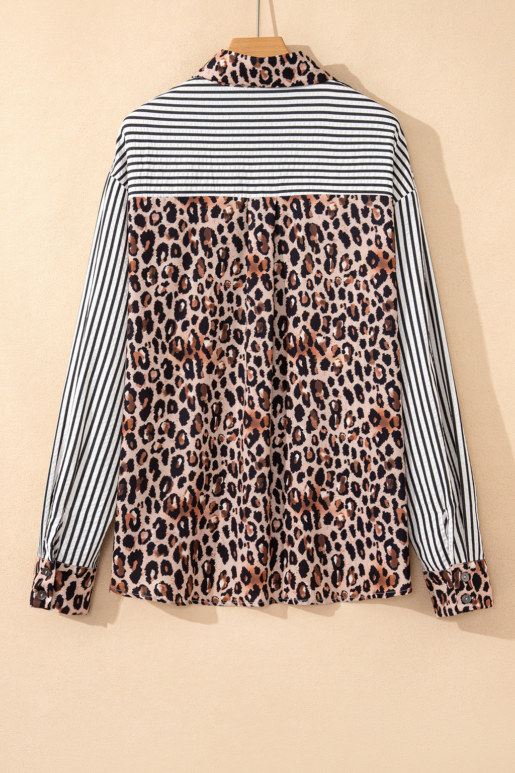 Black Striped Leopard Print Patchwork Button Up Womens Shirt