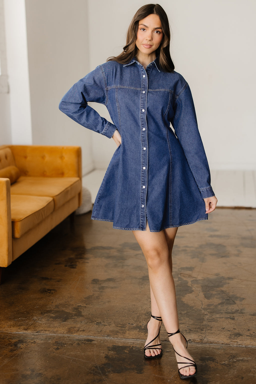 Ashleigh Blue Denim Shirt Collar Long Sleeve Flared Mini Dress