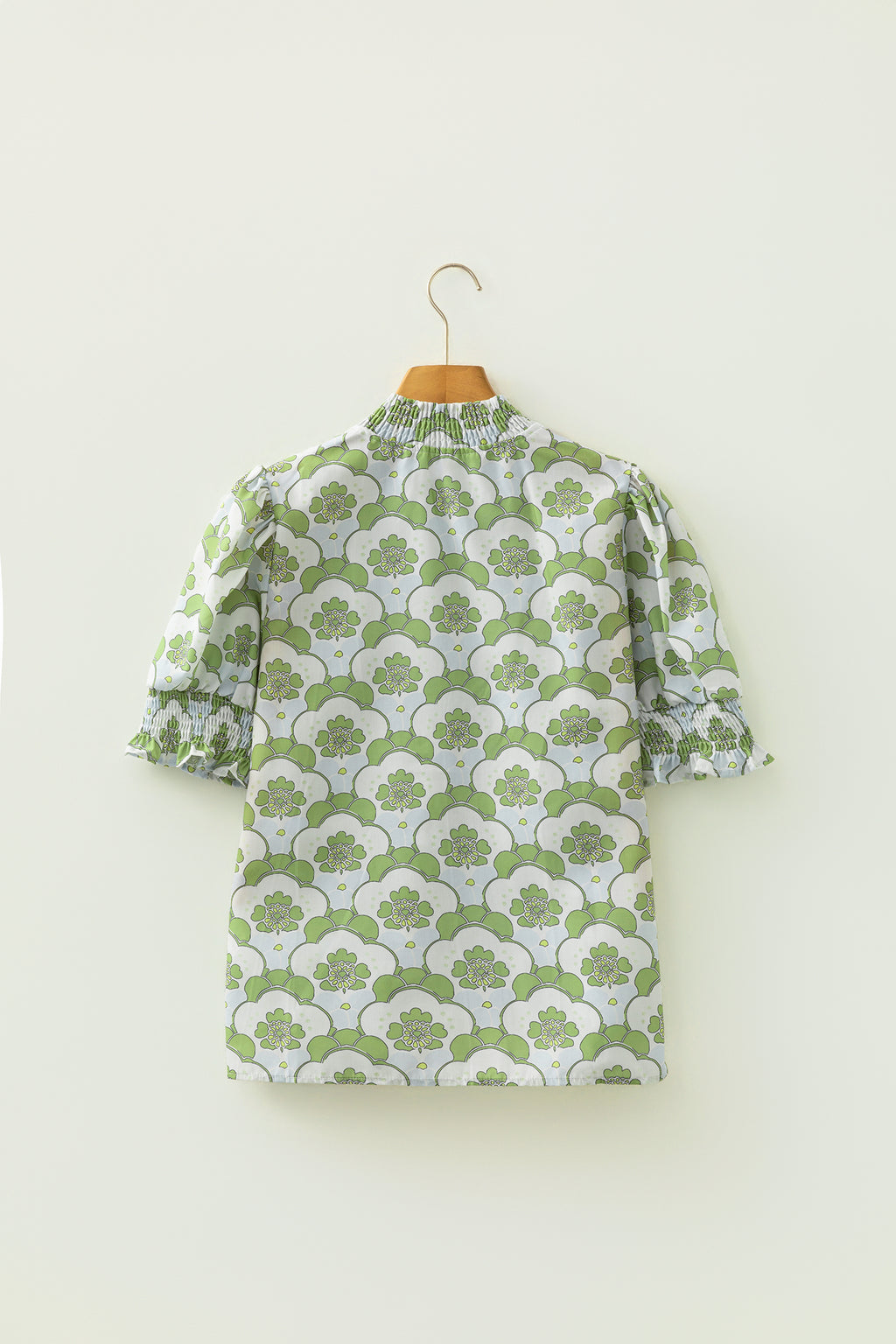 Green Floral Clouds Ruffled Short Sleeve Summer Blouse