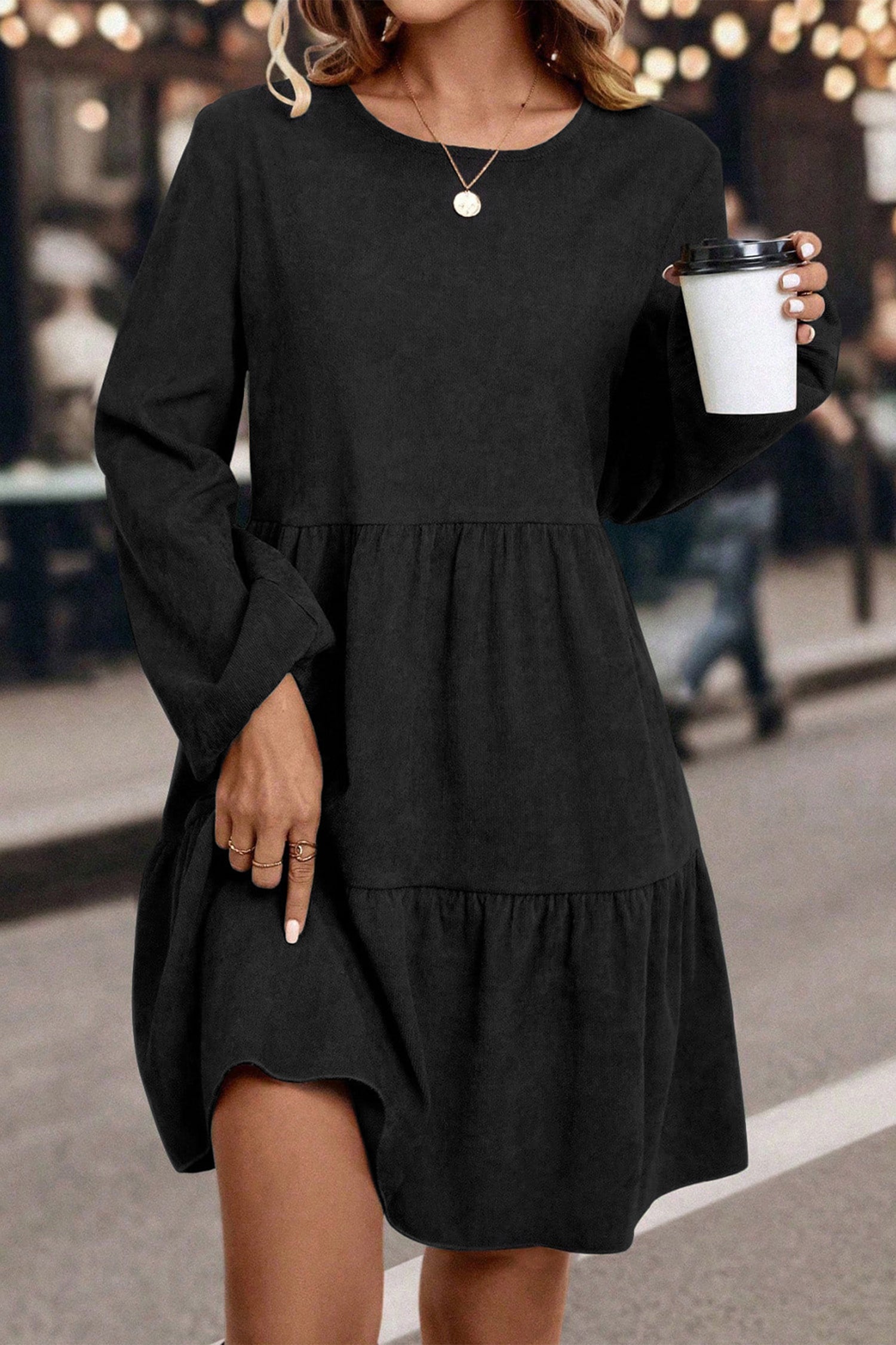 Black Lantern Sleeve Tiered Mini Dress