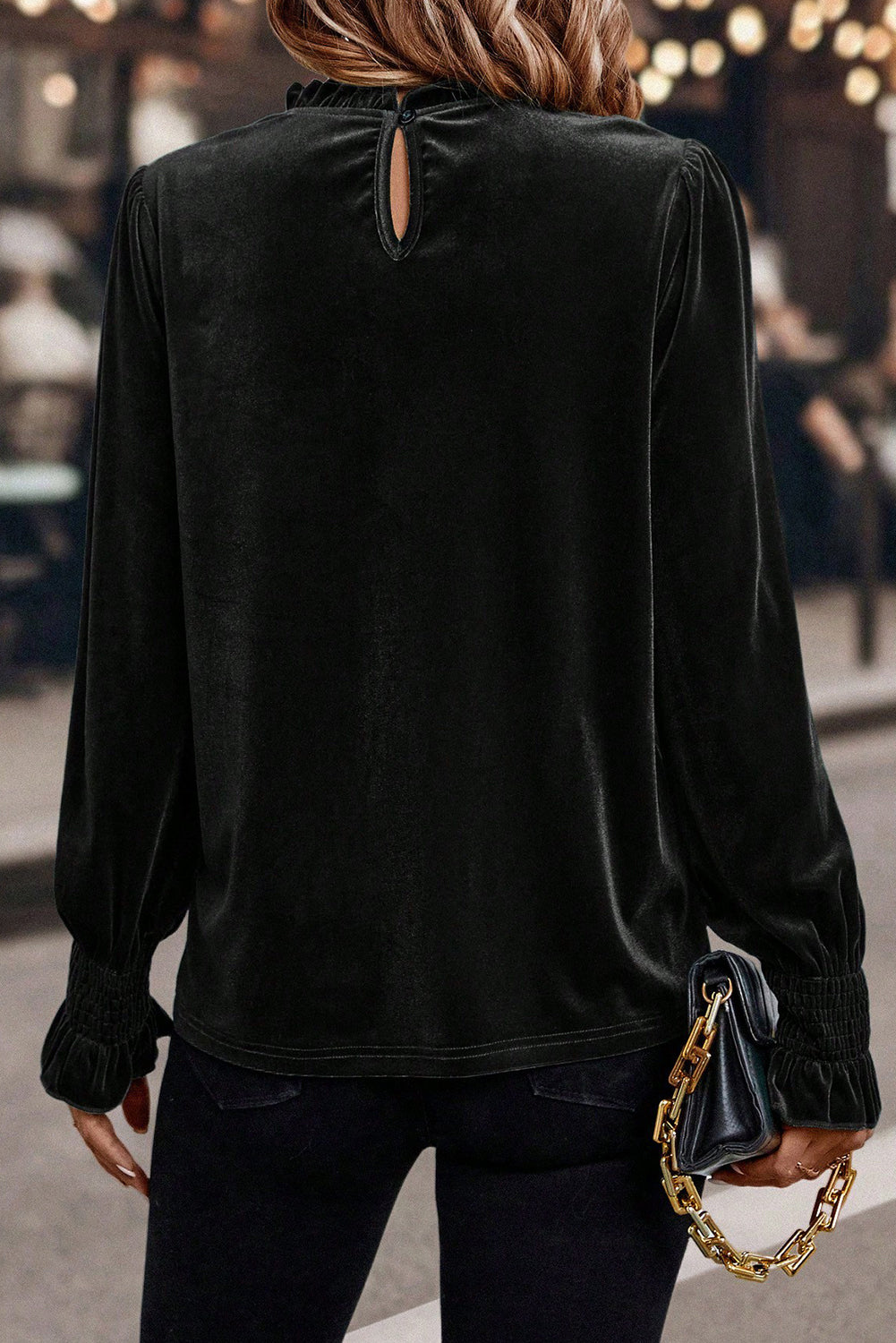 Black Frilled Collared Smocked Cuffs Puff Sleeve Velvet Blouse