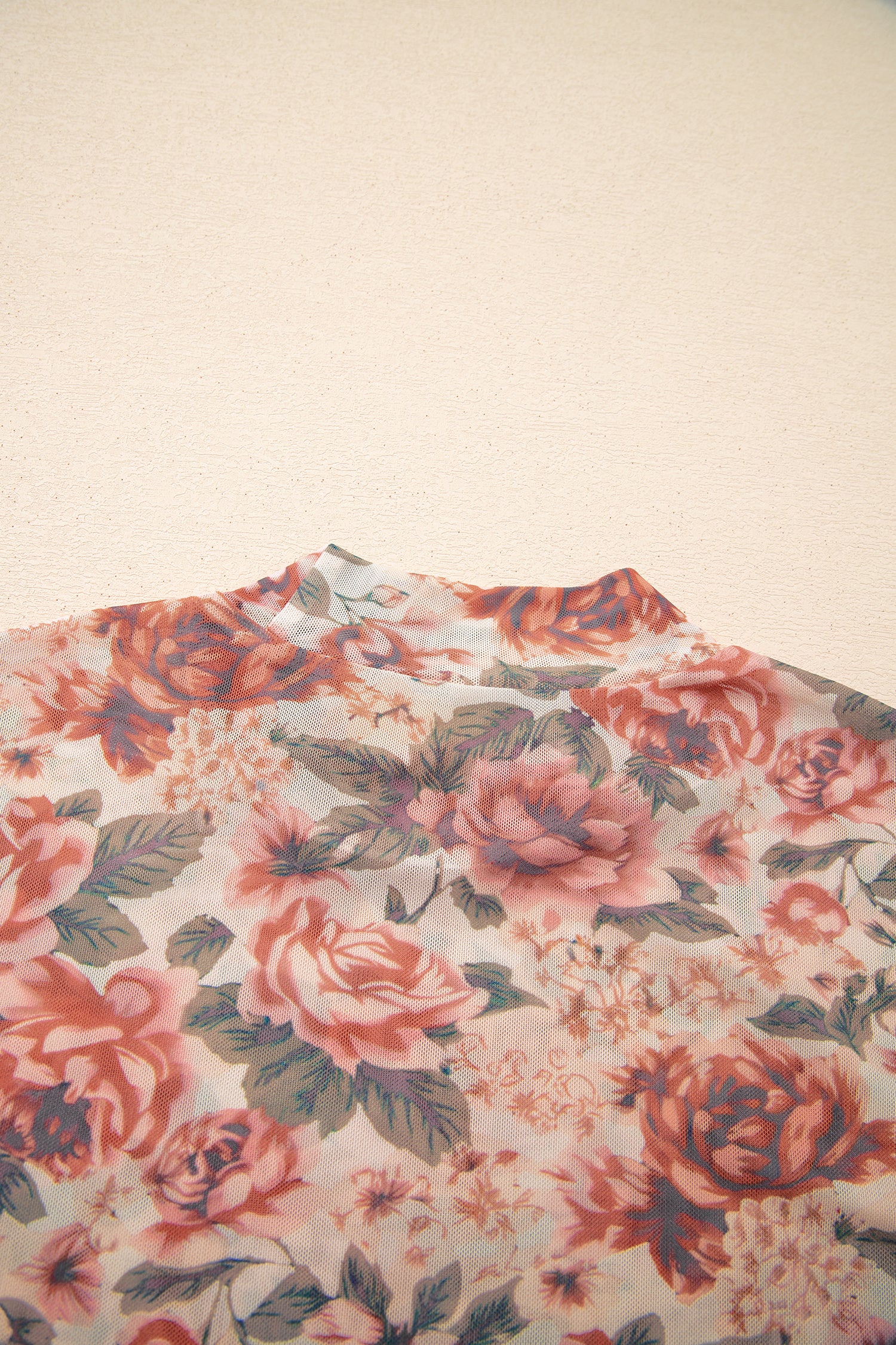 Black Retro Floral Print Mock Neck Mesh Long Sleeve Top