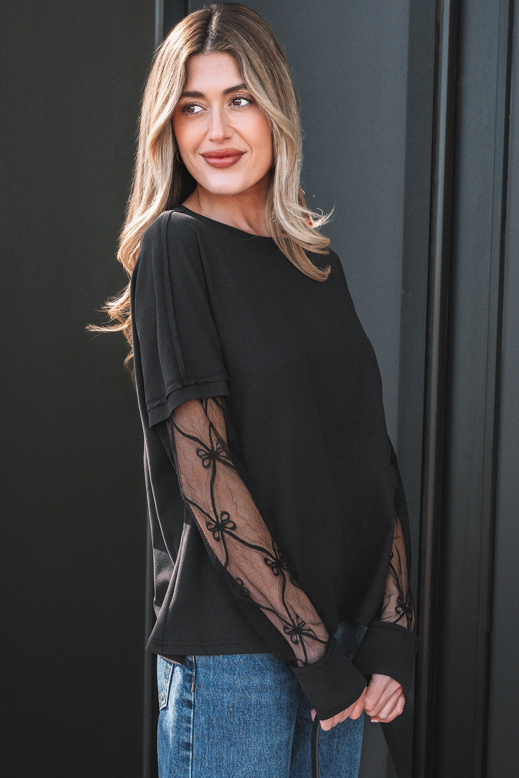 Black Solid Color Bow Textured Patchwork Long Sleeve Tee