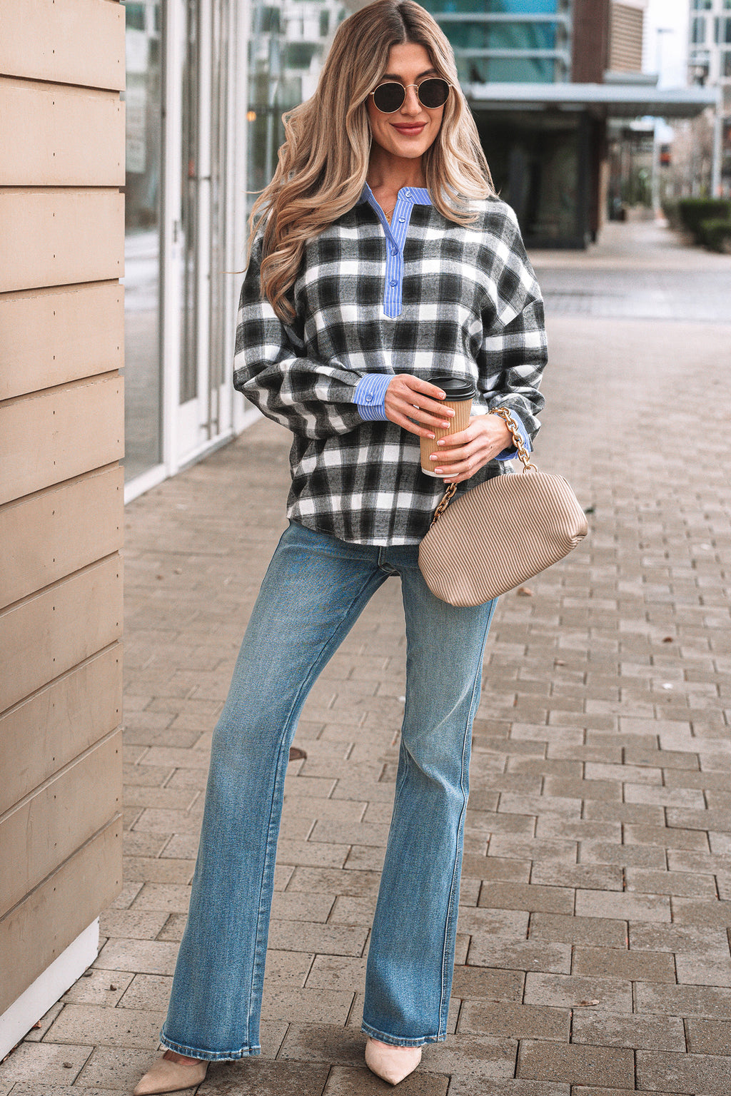 Black Contrast Striped Edge Half Placket Plaid Blouse