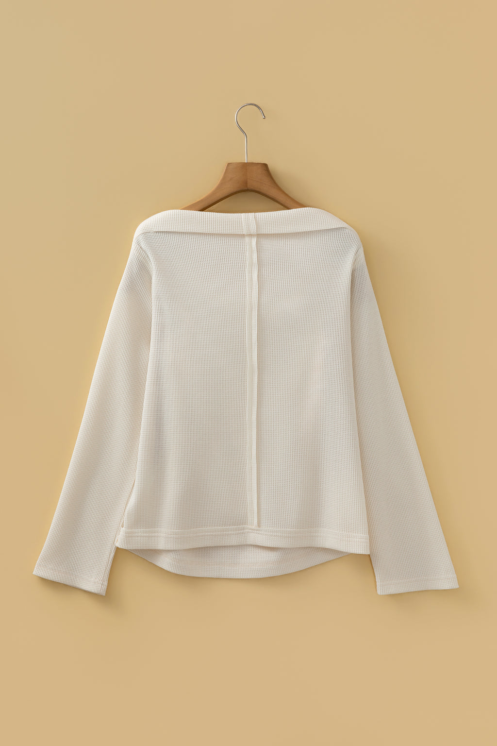 Beige Solid Color Waffle Knit Asymmetric Neck Long Sleeve Top