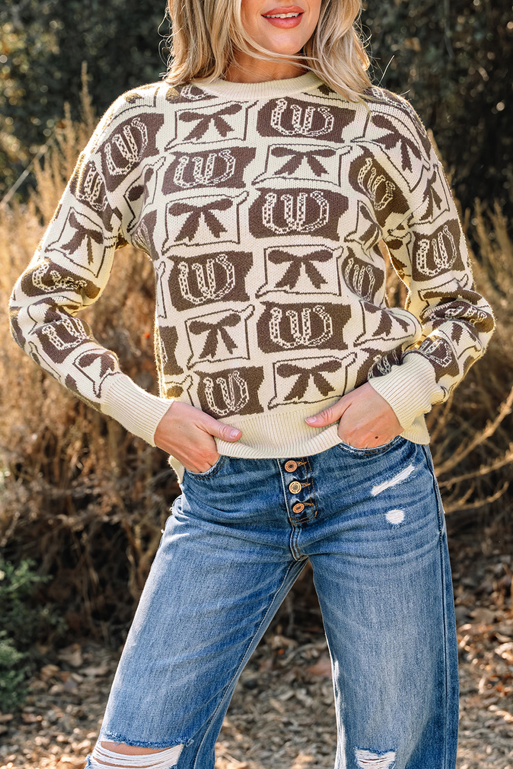 Brown Bows & Horseshoes Pattern Western Fashion Print Sweater