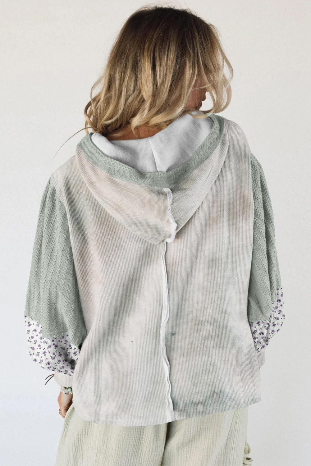 Green Floral Patched Waffle Textured Colorblock V Neck Casual Hooded Top