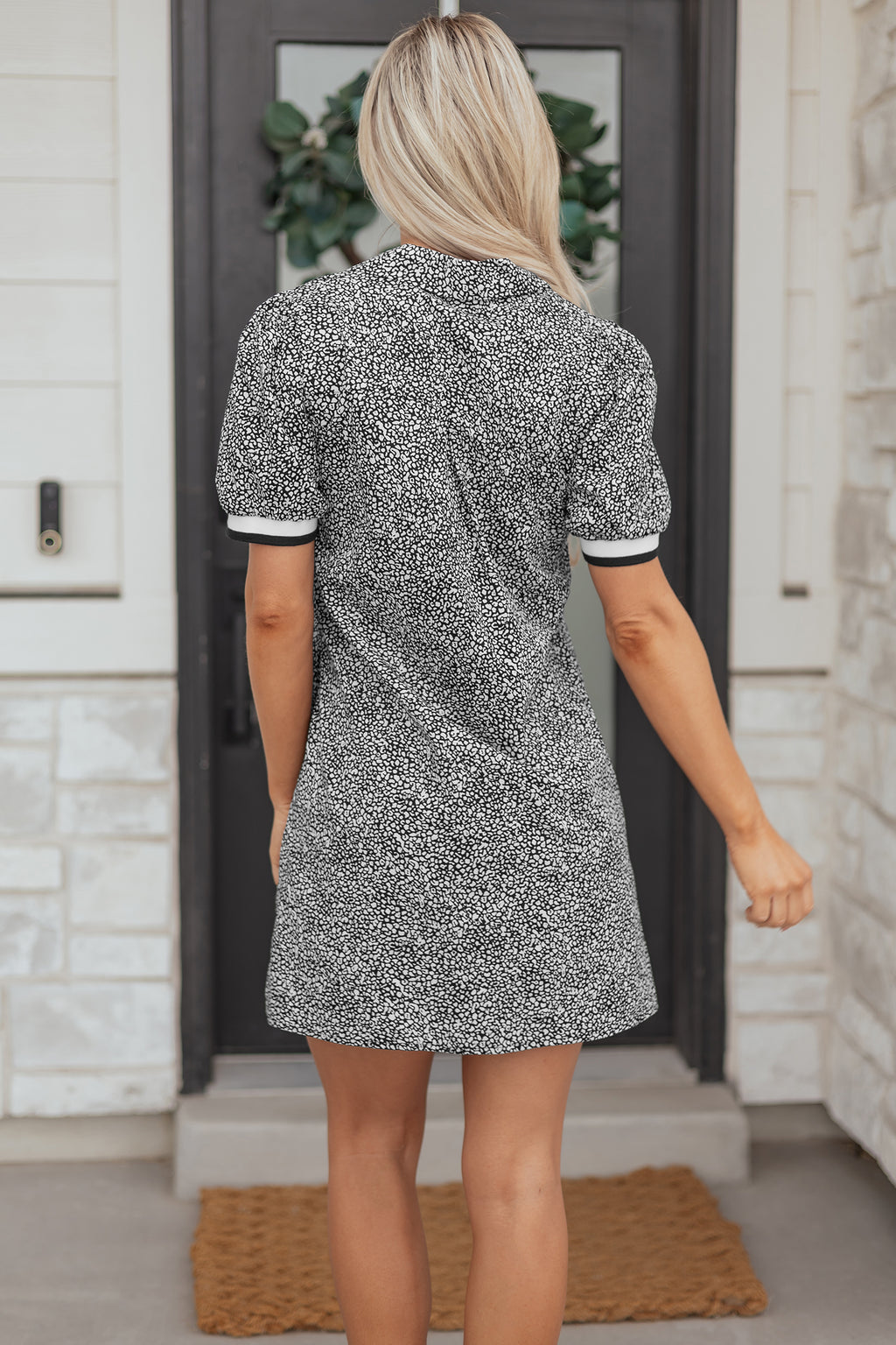 Black Leopard Print Contrast Striped Trim Polo Collar Short Sleeve Dress with Pockets