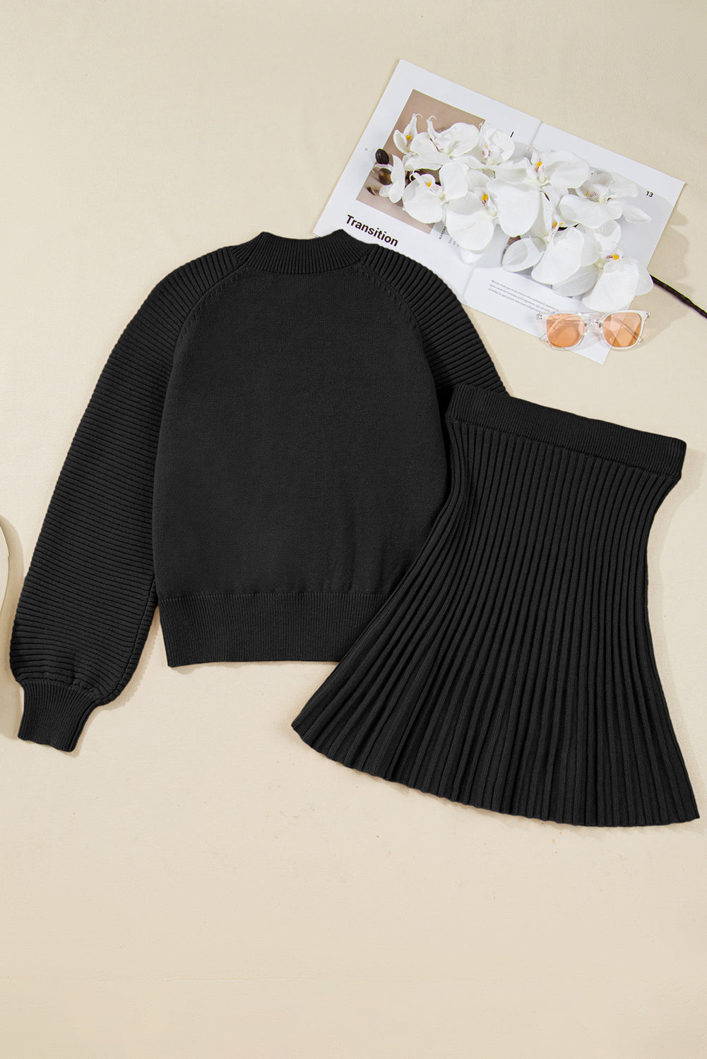 Black High Neck Puff Sleeve Sweater Pleated Mini Skirt 2pcs Knitted Outfit