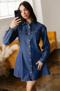 Ashleigh Blue Denim Shirt Collar Long Sleeve Flared Mini Dress