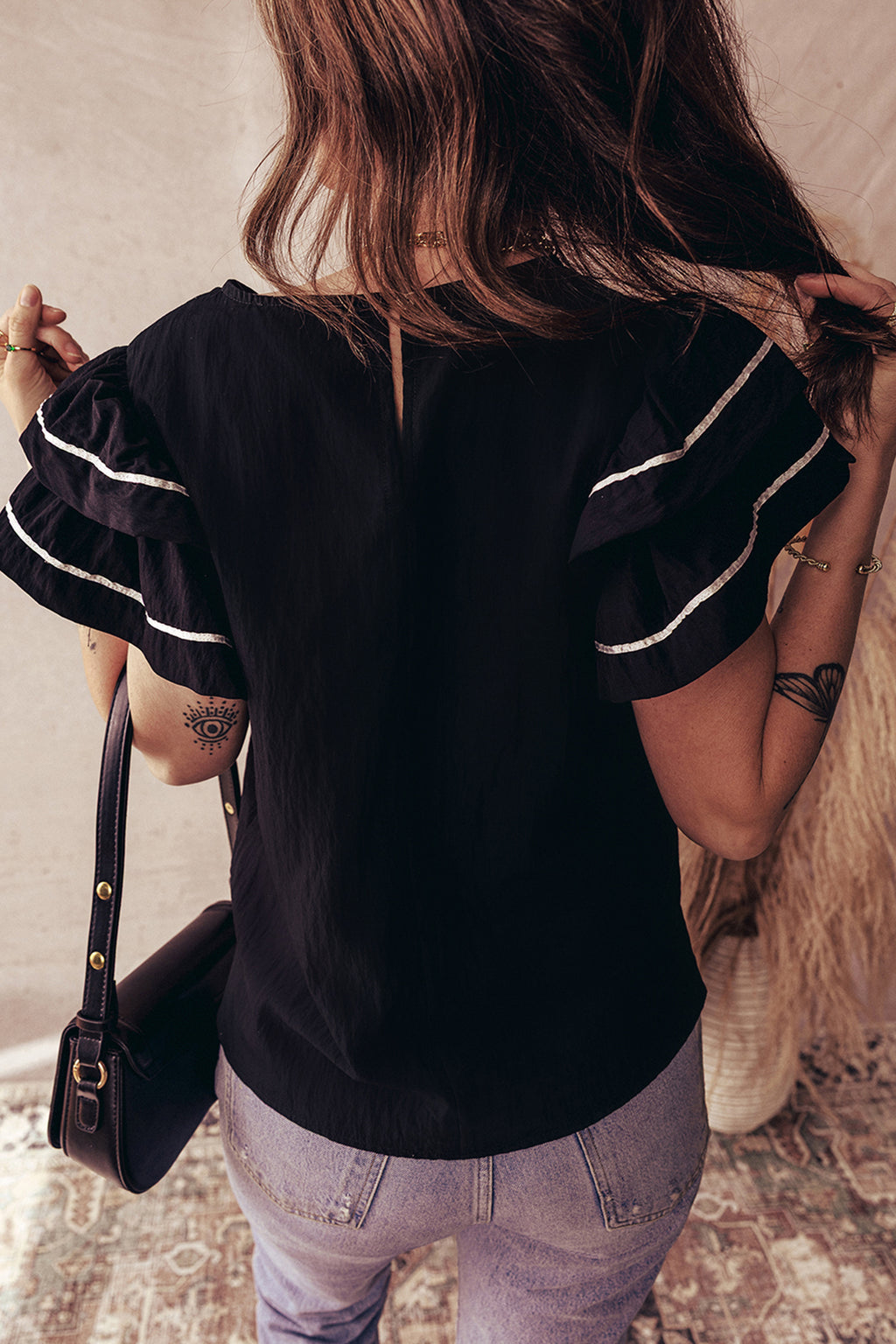 Black Contrast Trim Dual Ruffle Short Sleeve Textured Blouse