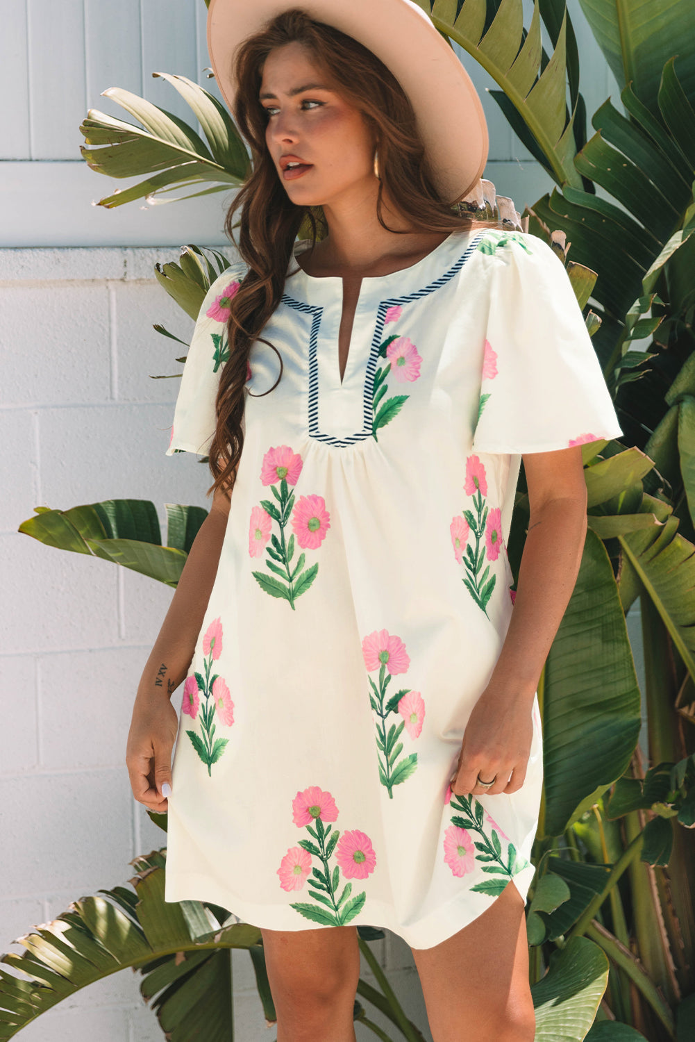 Apricot Floral Short Sleeve Split Neck Loose Mini Dress