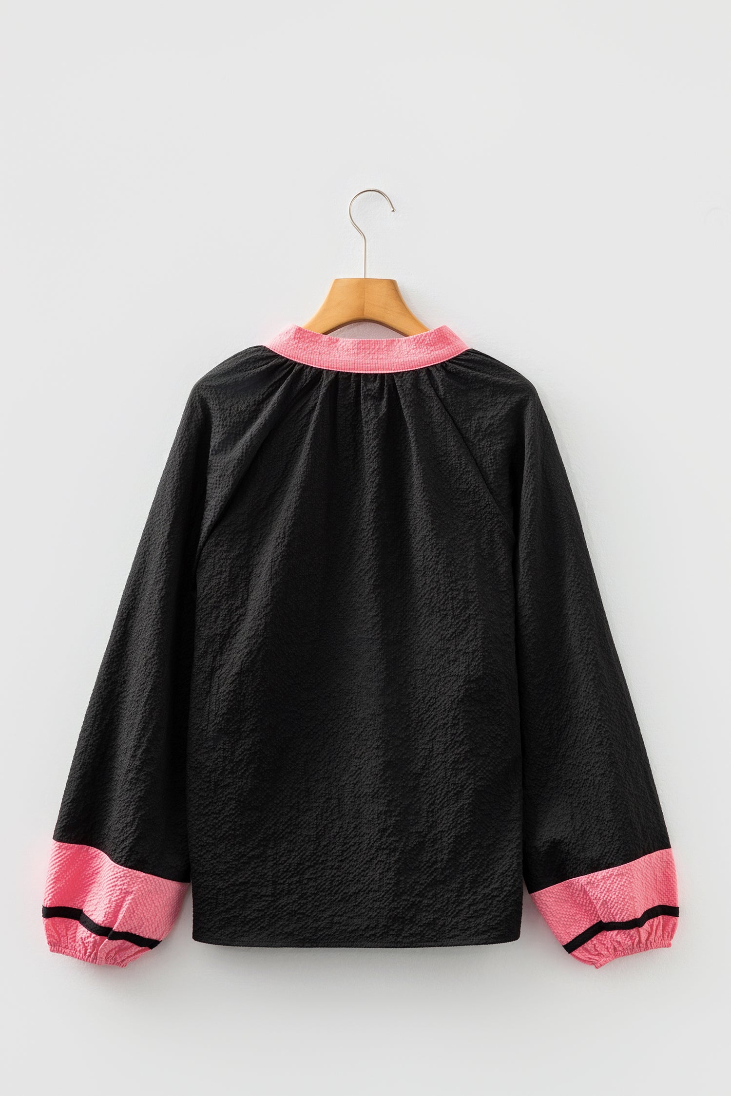 Black Color Block Patchwork Detail V Neck Textured Long Sleeve Blouse