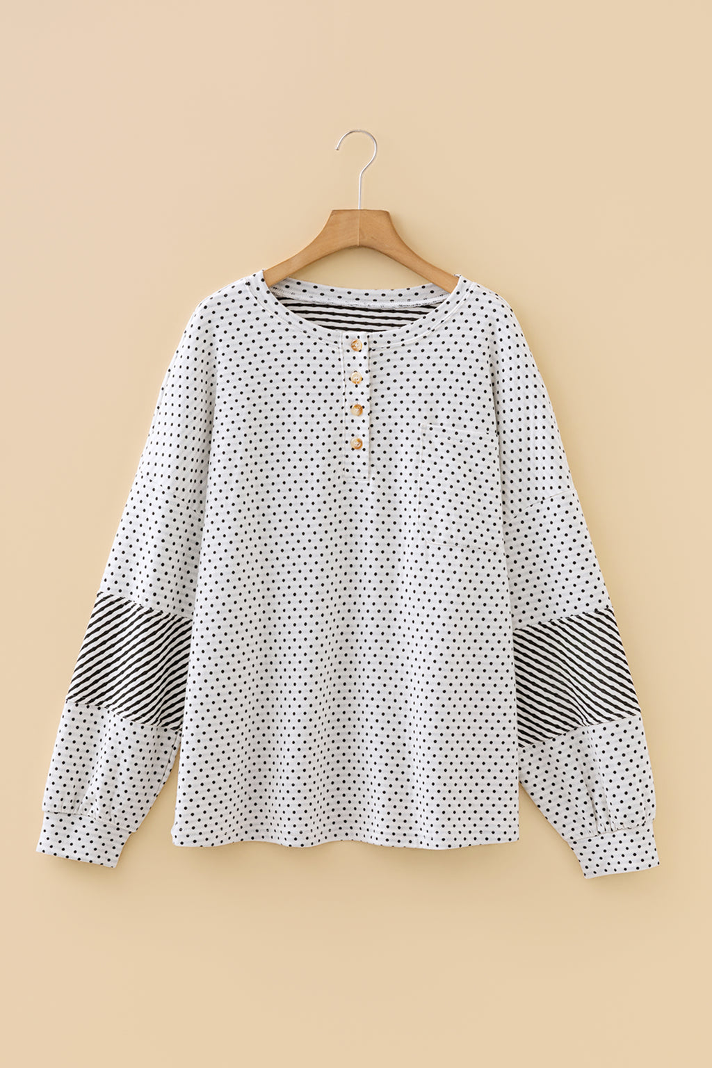 Beige Plus Size Dot Print Striped Patchwork Long Sleeve Henley Top
