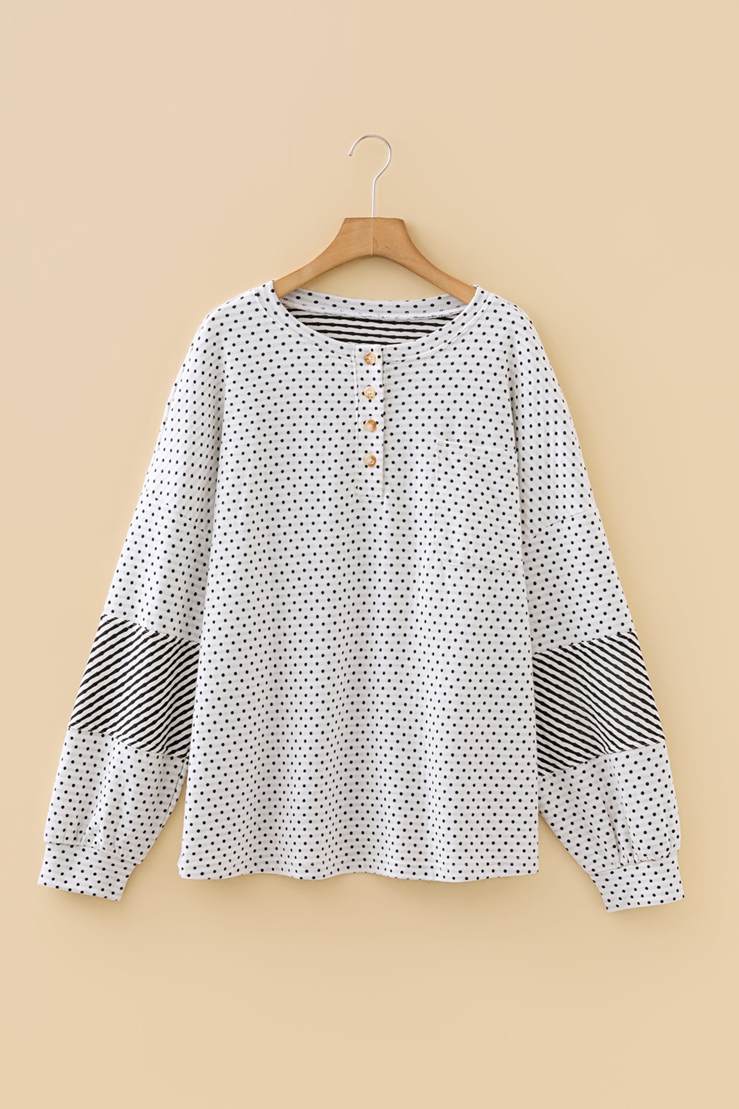 Beige Plus Size Dot Print Striped Patchwork Long Sleeve Henley Top