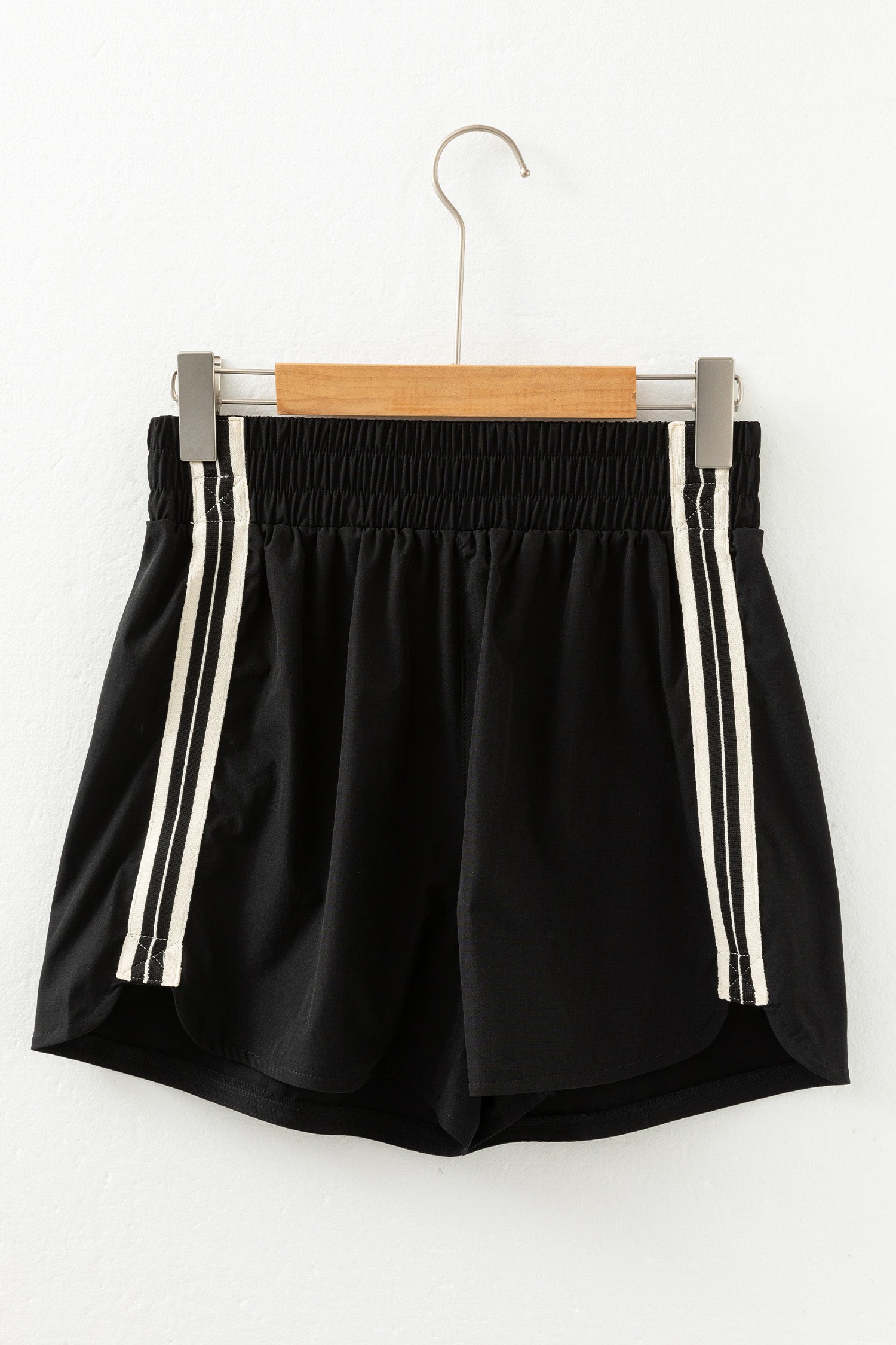 Black Elastic Waist Varsity Striped Detail Athleisure Shorts
