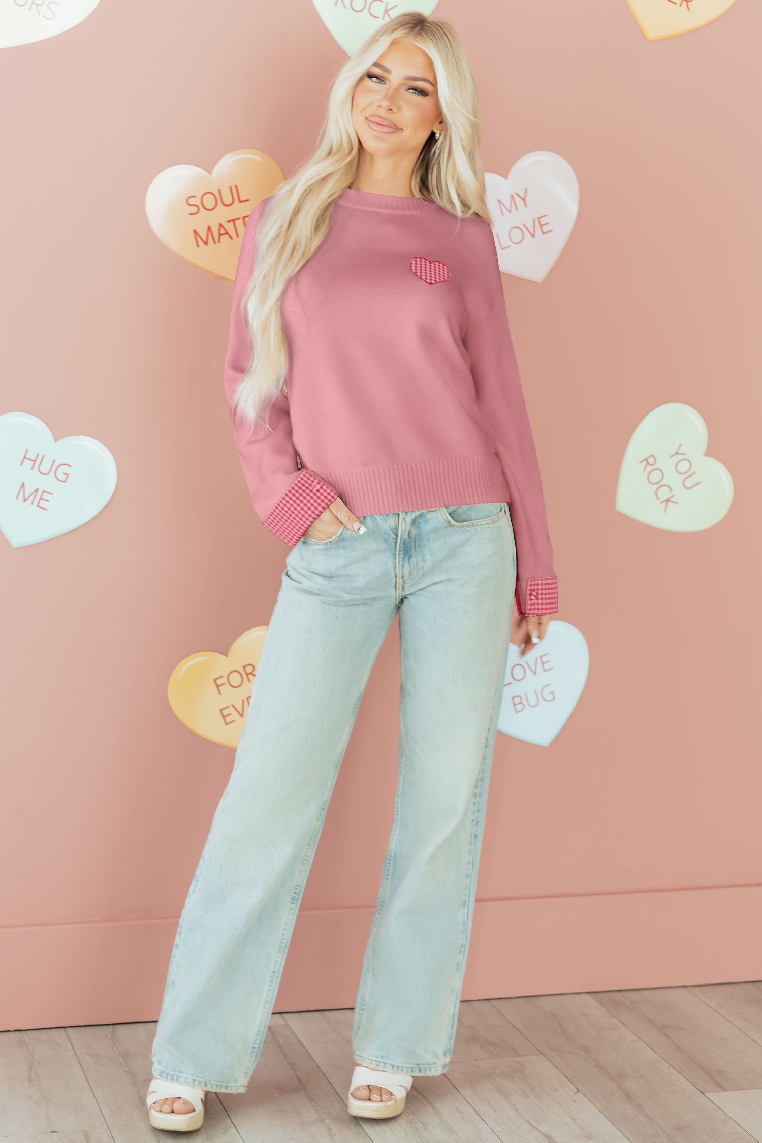 Light Pink Plaid Heart Embroidered Cuffed Drop Shoulder Crew Neck Sweater