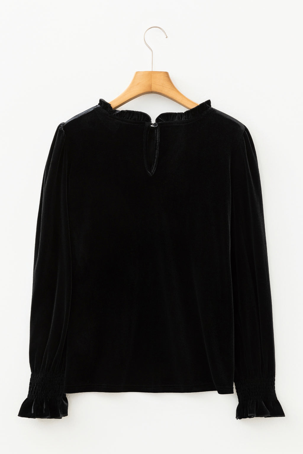 Black Frilled Collared Smocked Cuffs Puff Sleeve Velvet Blouse
