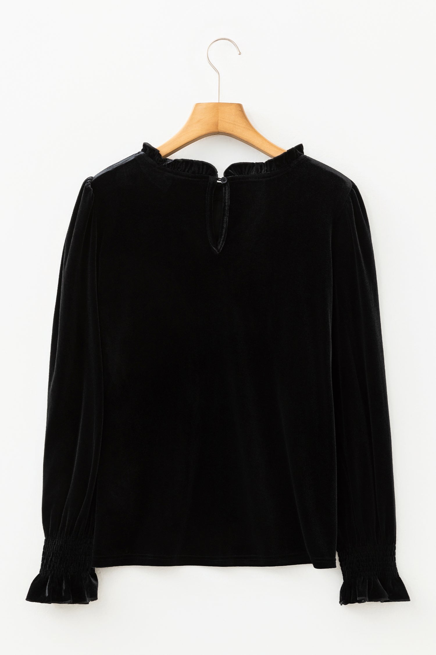 Black Frilled Collared Smocked Cuffs Puff Sleeve Velvet Blouse