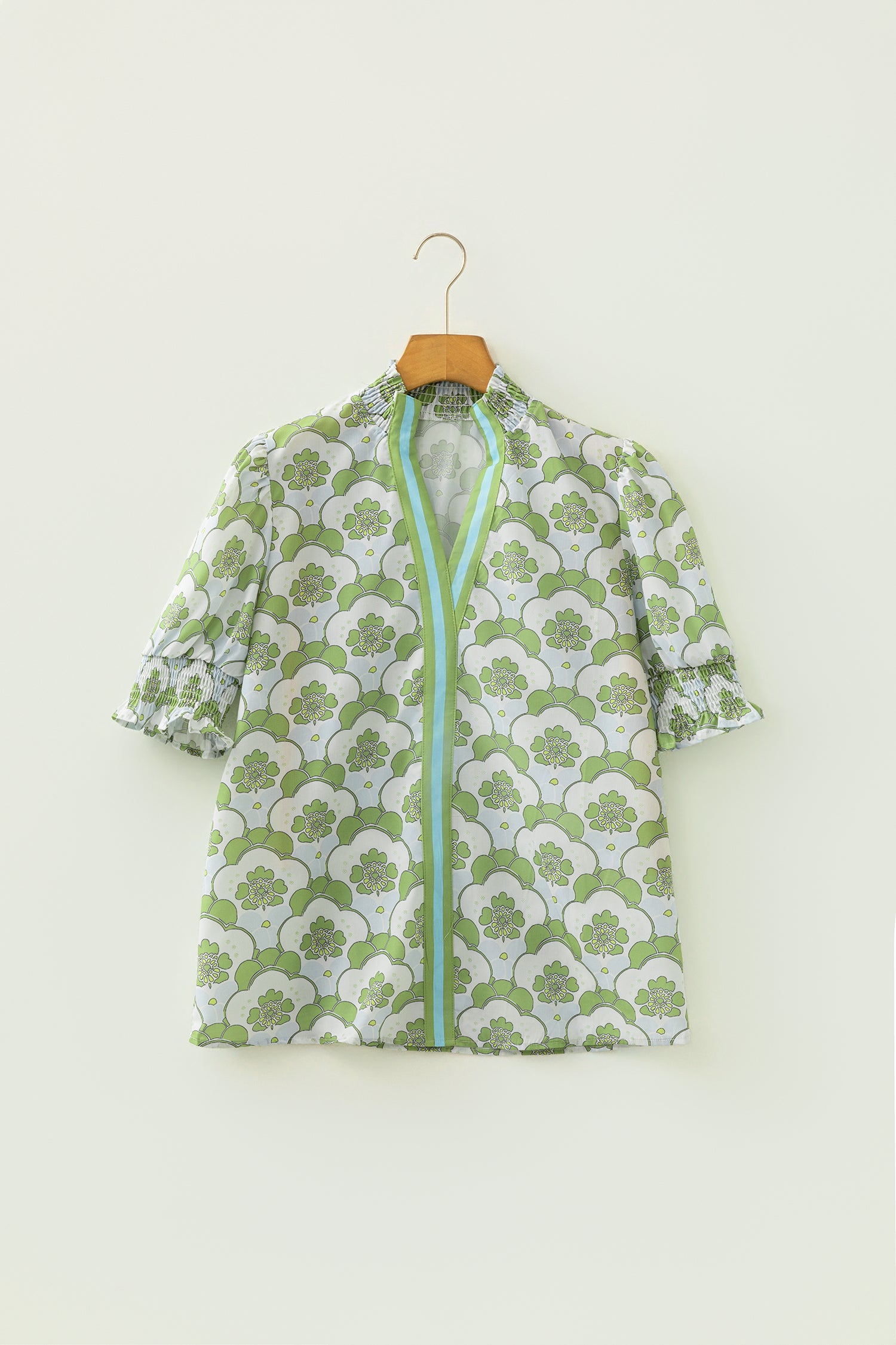 Green Floral Clouds Ruffled Short Sleeve Summer Blouse