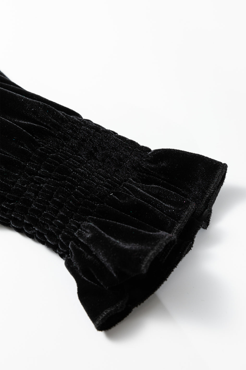 Black Frilled Collared Smocked Cuffs Puff Sleeve Velvet Blouse