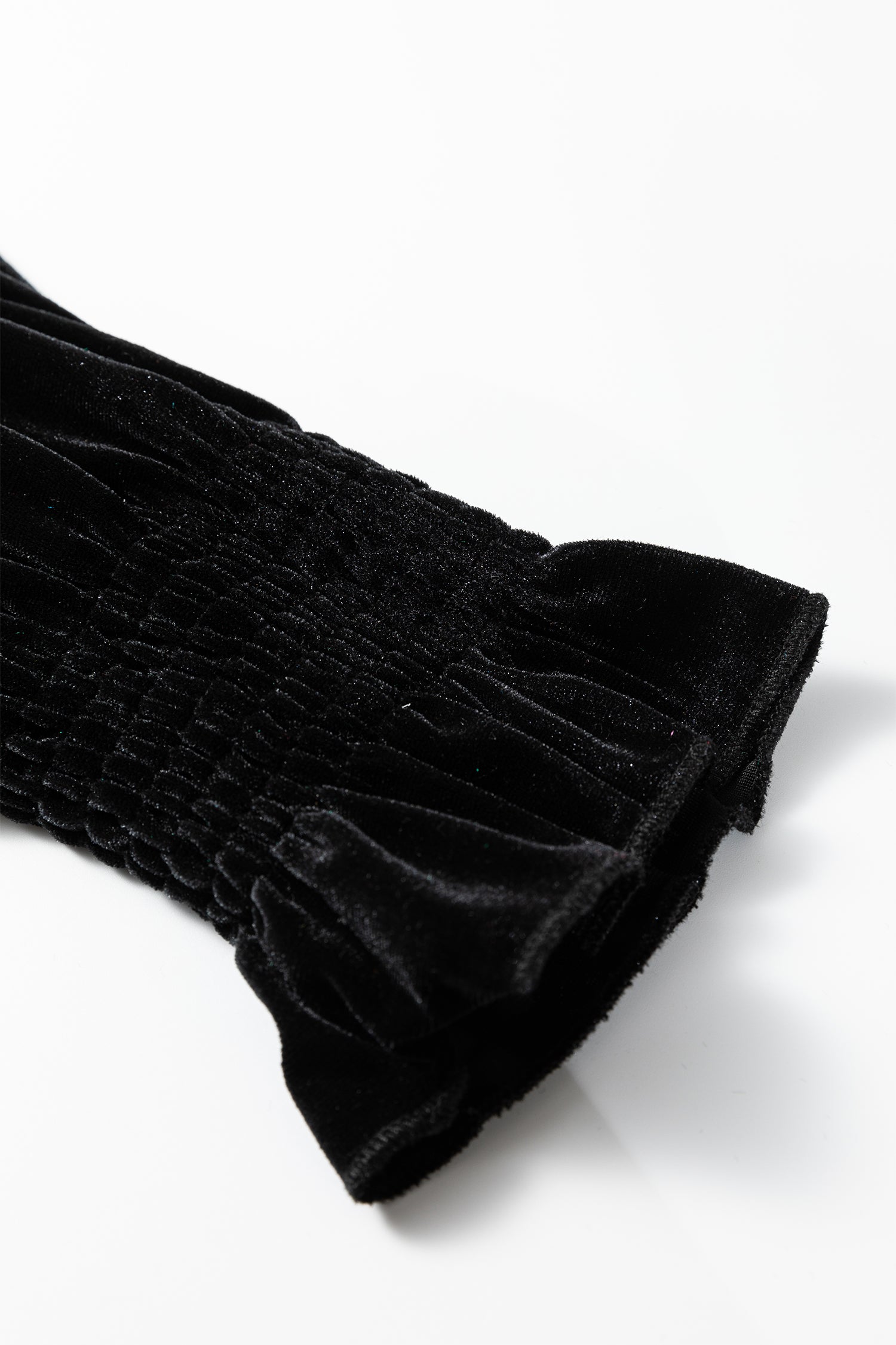 Black Frilled Collared Smocked Cuffs Puff Sleeve Velvet Blouse