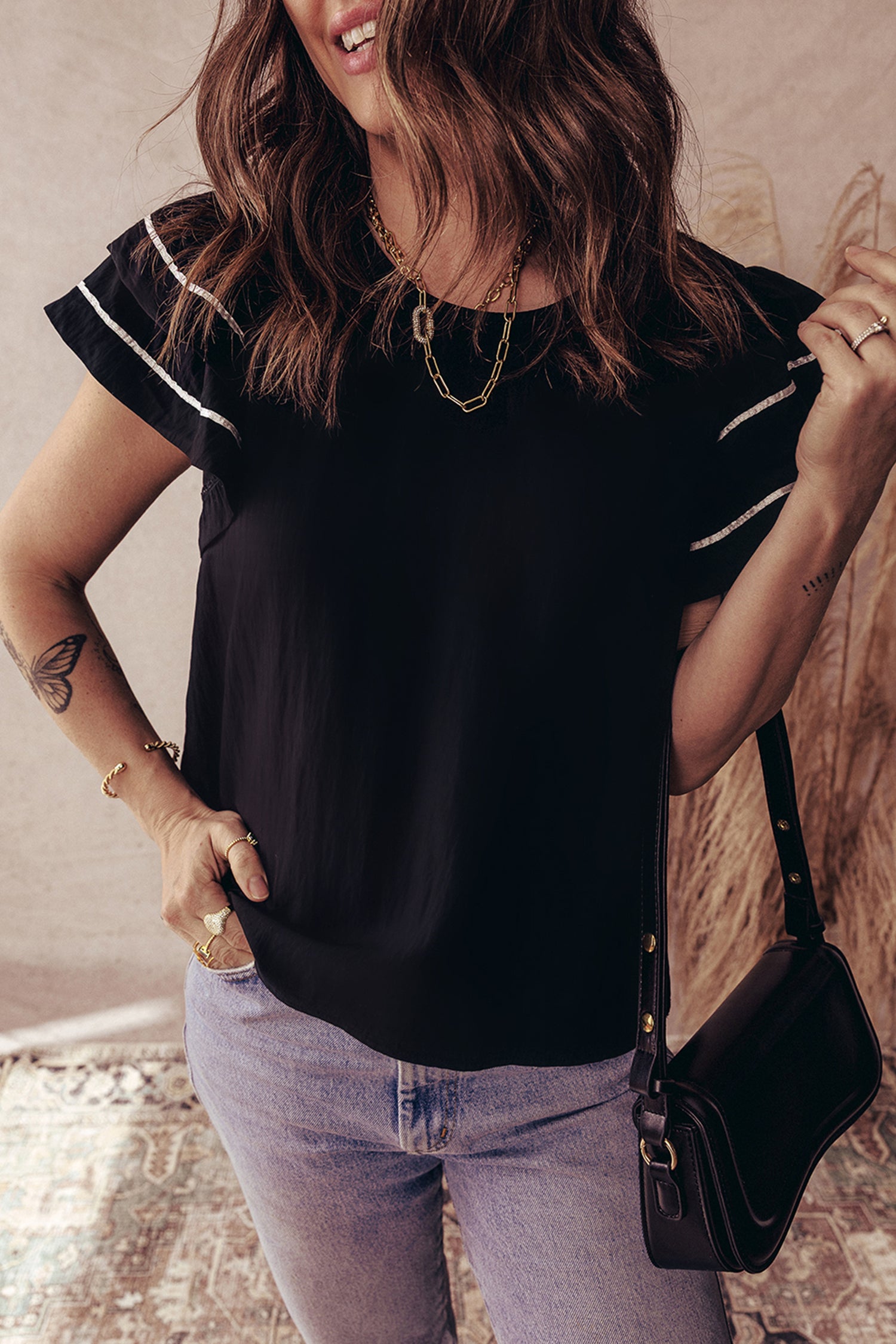 Black Contrast Trim Dual Ruffle Short Sleeve Textured Blouse