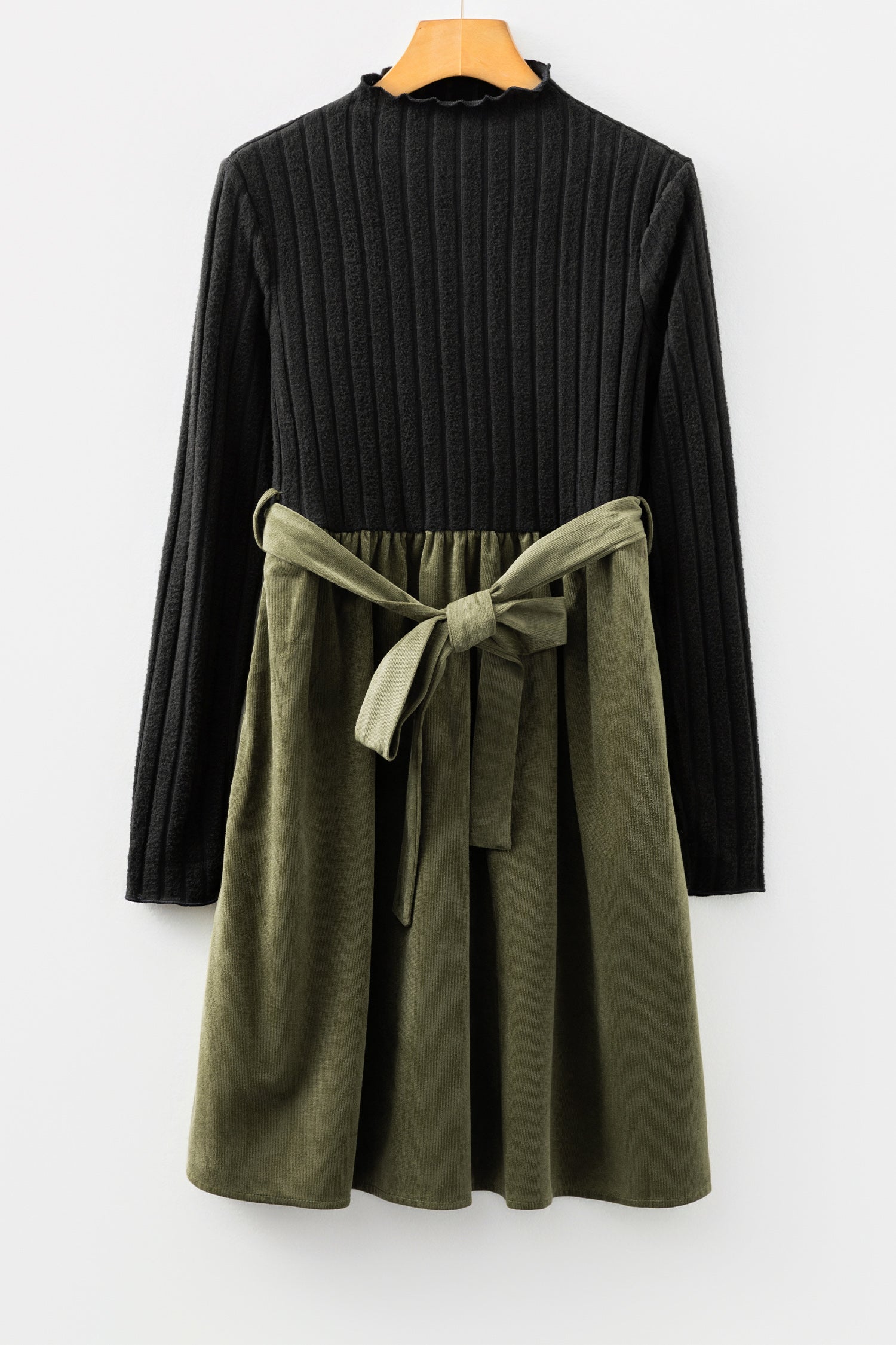 Black Ribbed Knit Slim Bodice Contrast Flared Skirt Patchwork Belted Dress