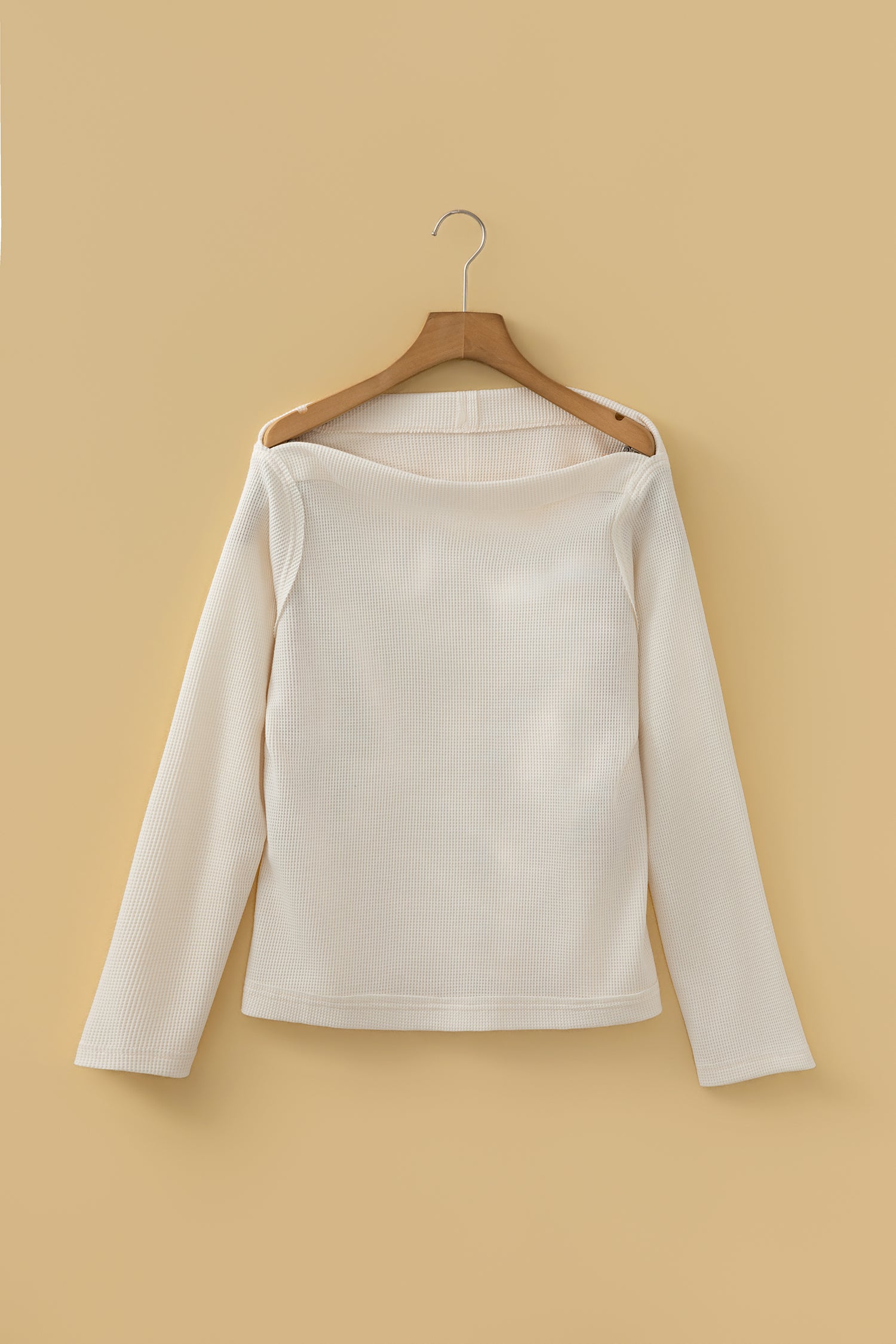 Beige Solid Color Waffle Knit Asymmetric Neck Long Sleeve Top