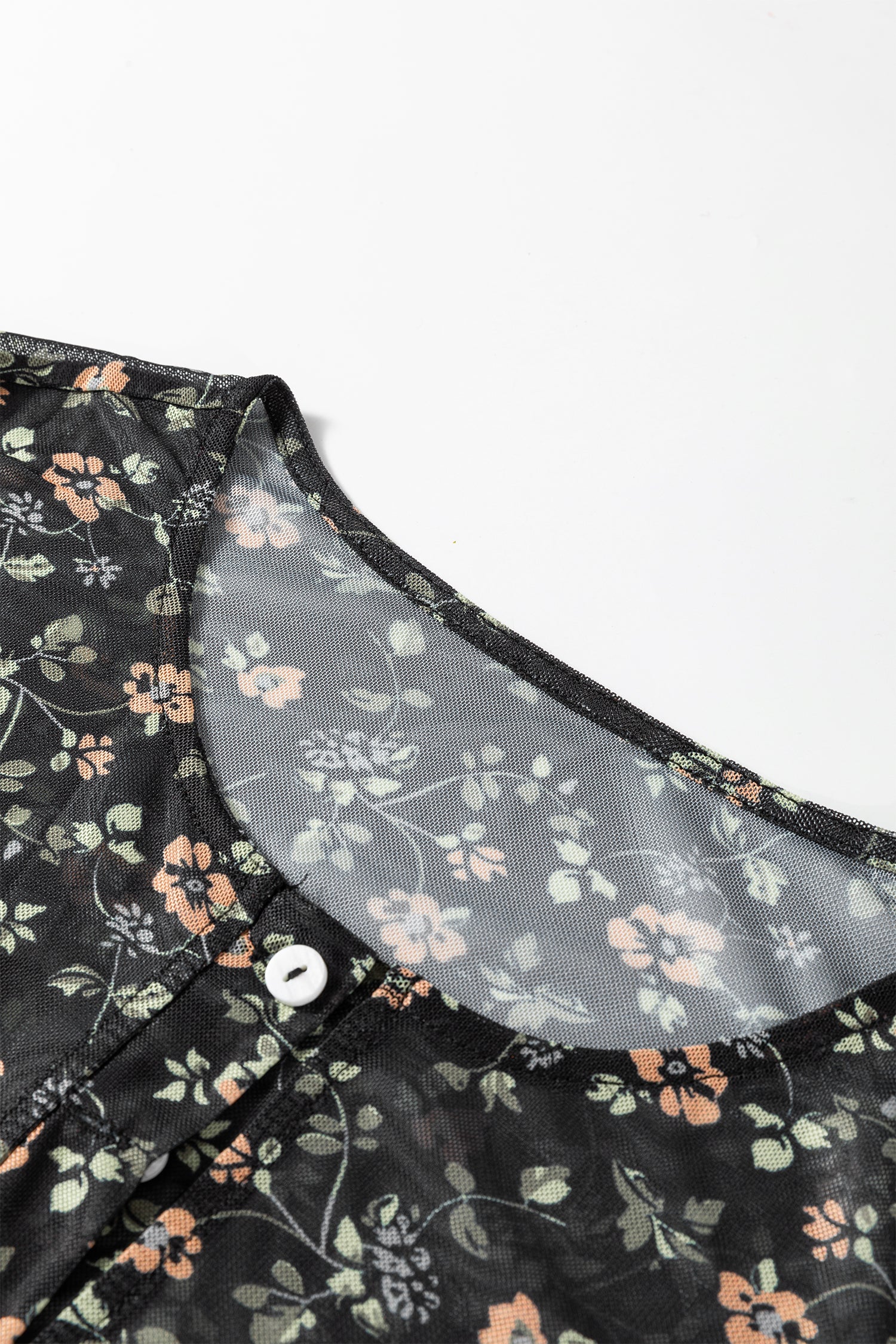 Black Floral Print Mesh Tank Button Front Slim Cardigan 2pcs Set