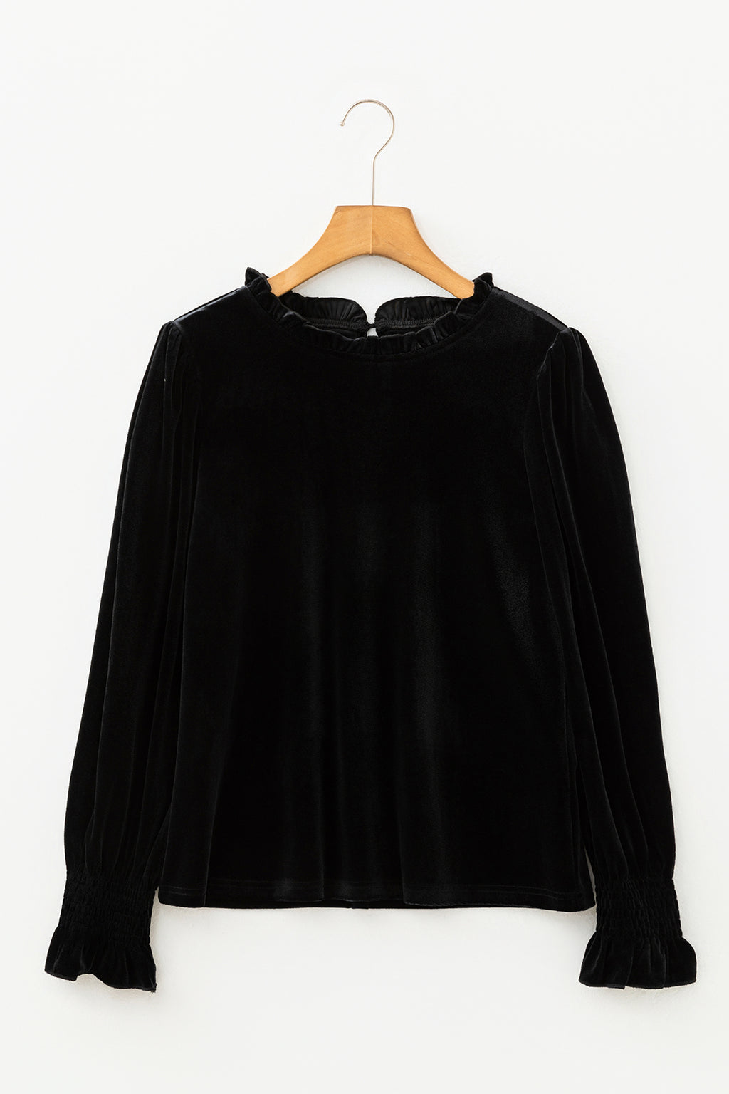 Black Frilled Collared Smocked Cuffs Puff Sleeve Velvet Blouse