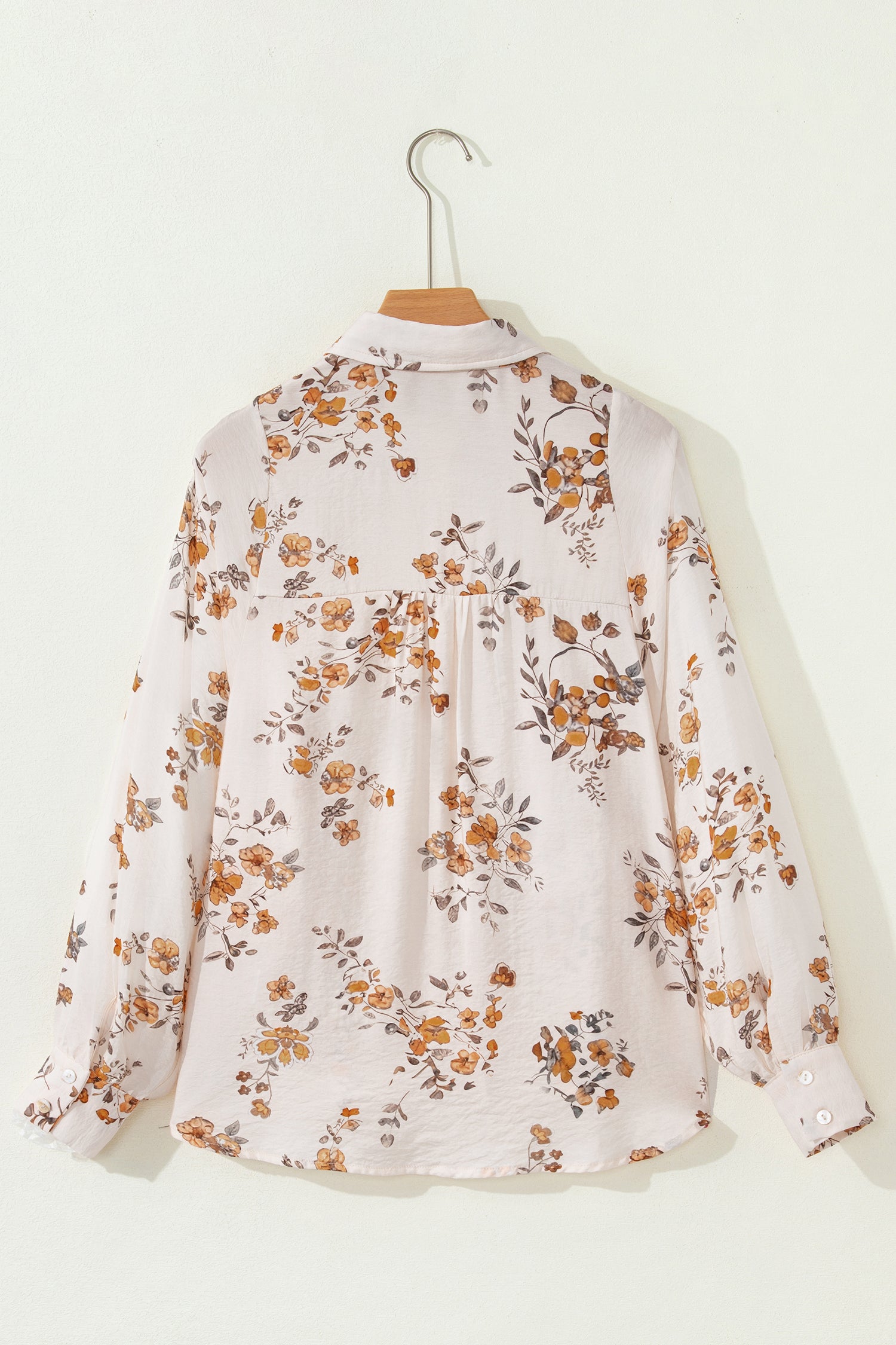 Apricot Floral Printed Silky Button Up Long Sleeve Shirt