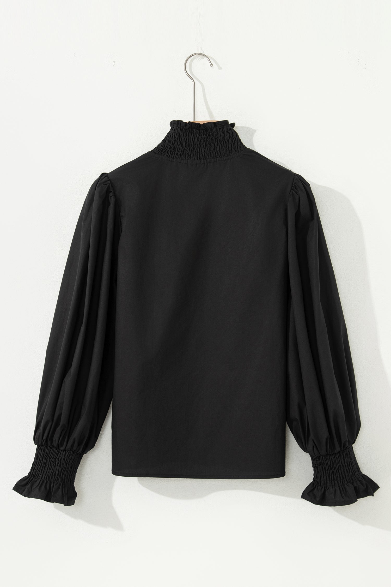 Black Puffy Flounce Sleeve Leopard Trim V Neck Blouse