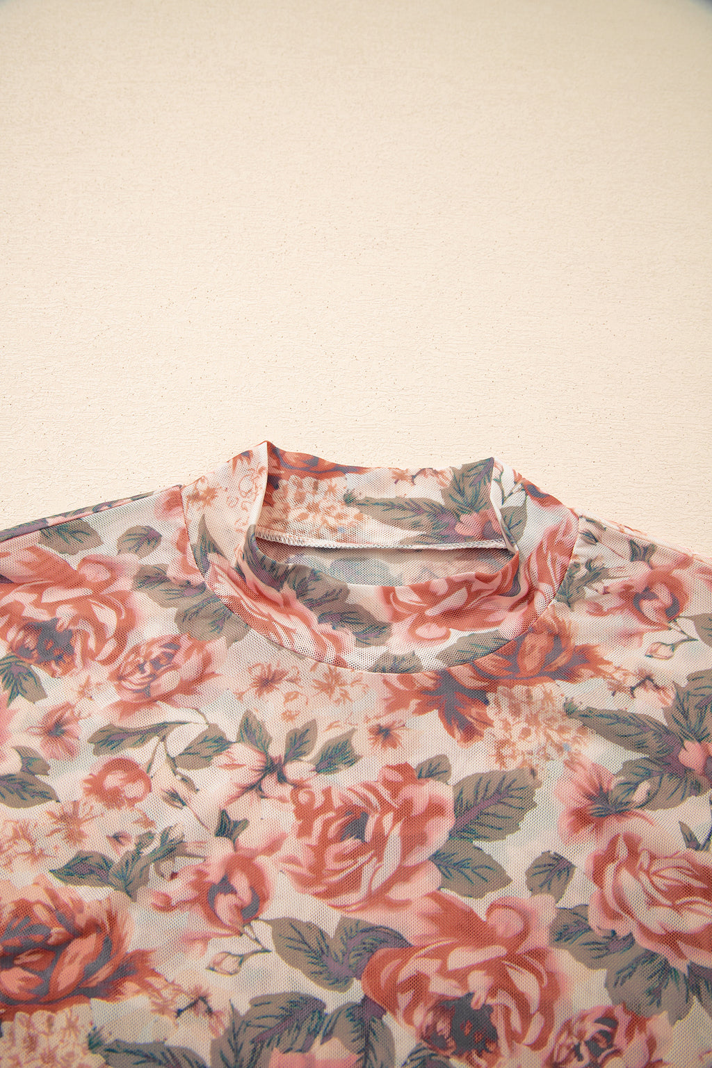 Black Retro Floral Print Mock Neck Mesh Long Sleeve Top